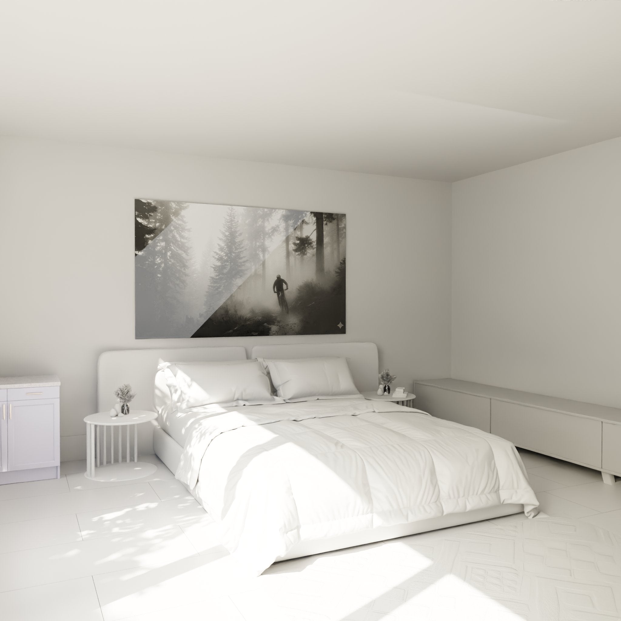 Décoration murale VTT dans chambre, cycliste en forêt brumeuse, ambiance moderne et naturelle