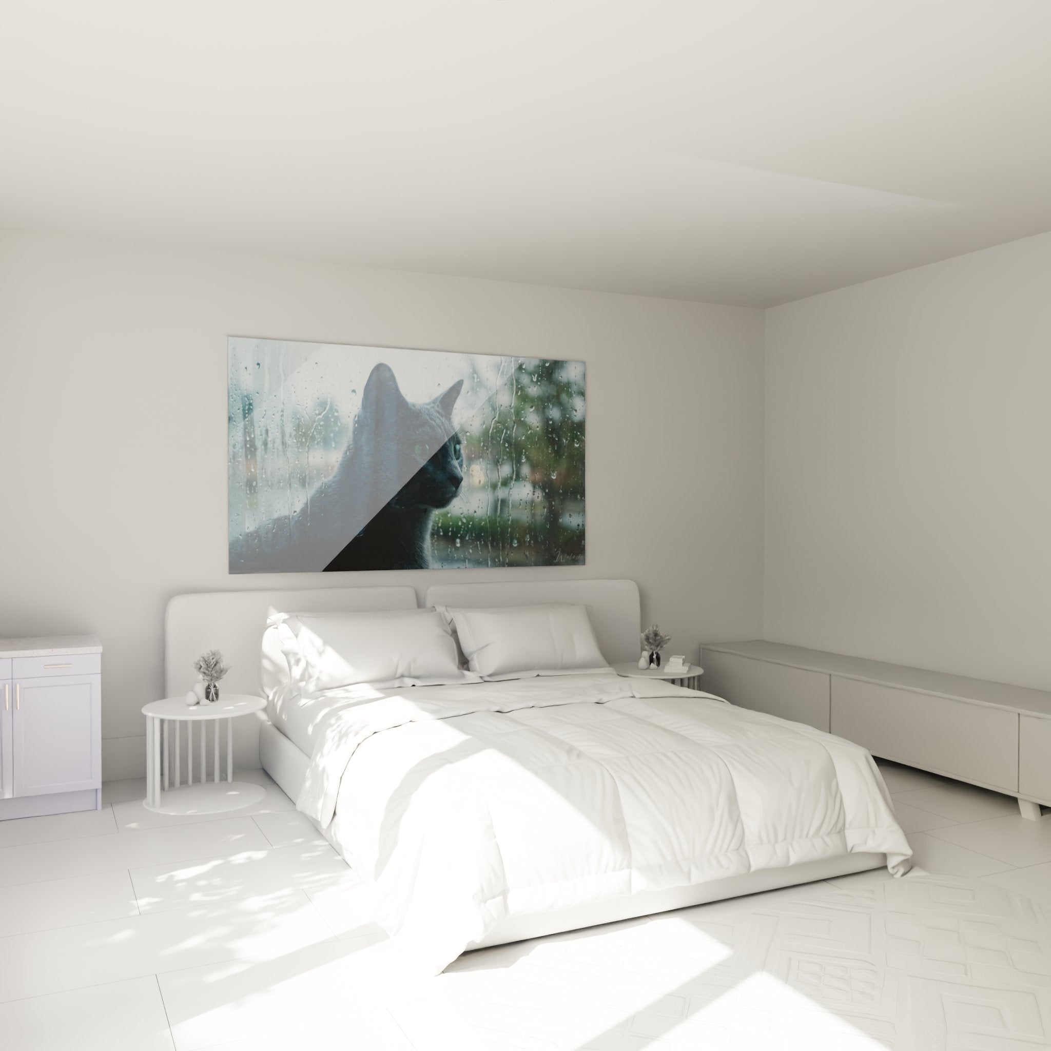 Chambre moderne décorée avec tableau chat Russian Blue contemplant fenêtre pluvieuse, ambiance cosy