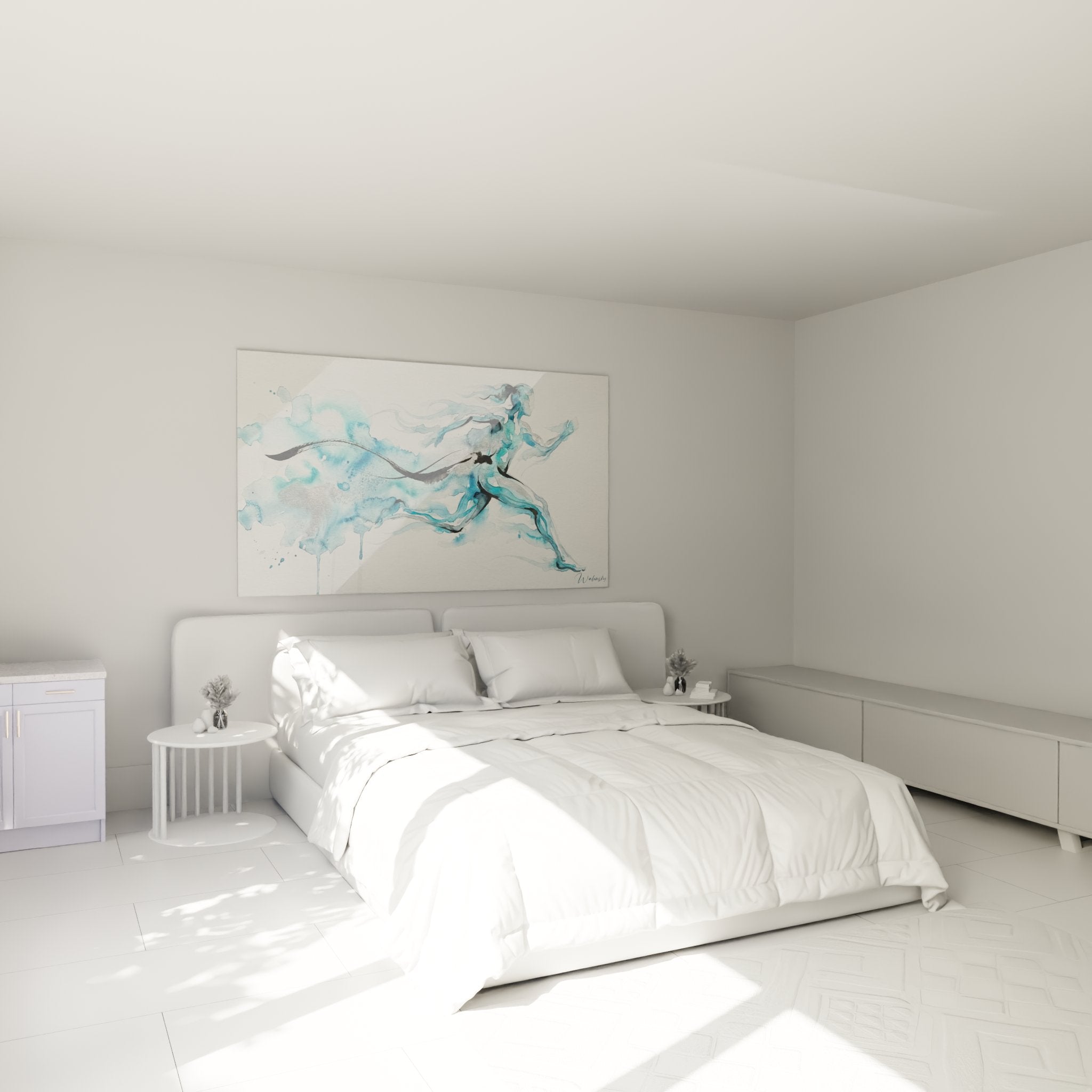 Blue watercolor runner artwork decorating a modern bedroom with inspiring sports ambiance