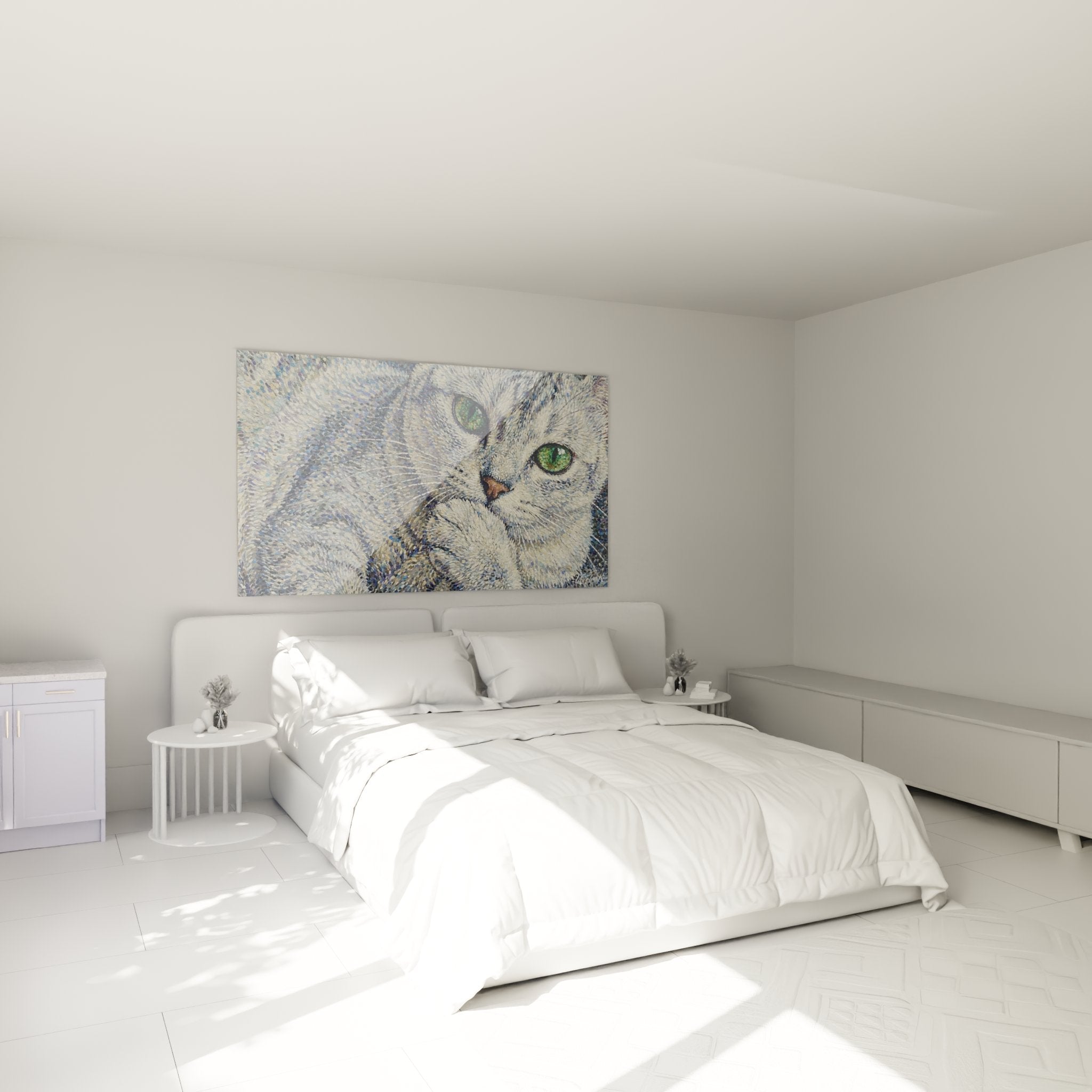 Tableau chat yeux verts dans chambre moderne, décoration murale Burmilla élégante et apaisante