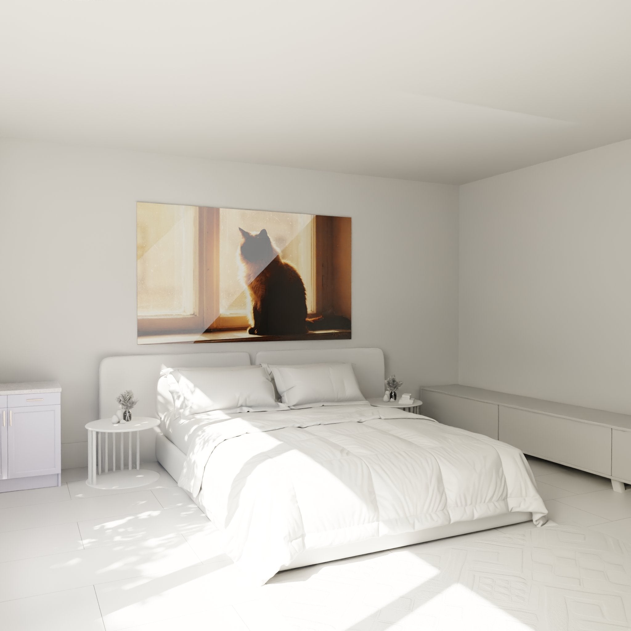 Décoration chambre avec tableau chat Balinais dans lumière dorée créant ambiance zen et chaleureuse