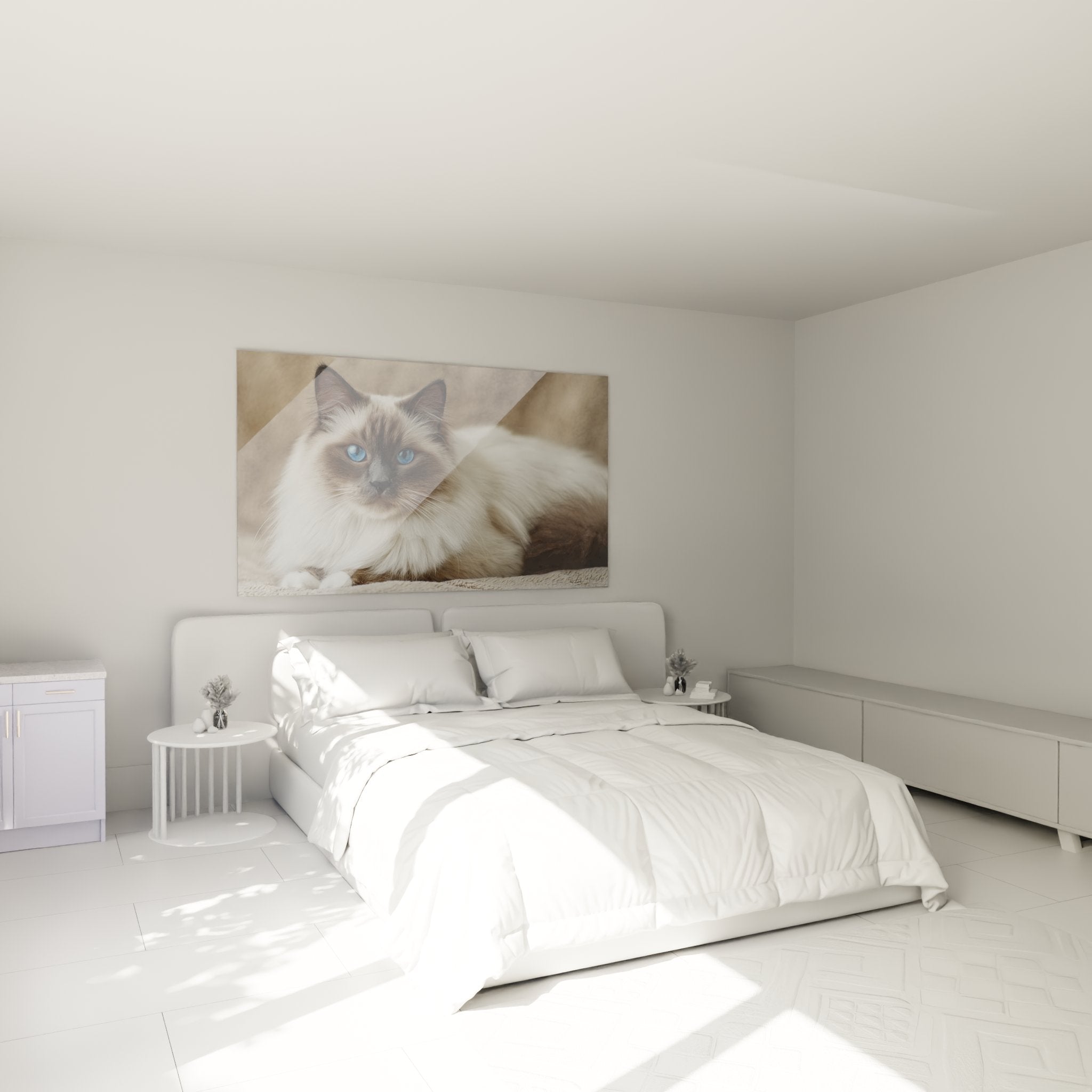 Quadro gatto Birmano in camera moderna, decorazione murale felina con tonalità neutre, atmosfera accogliente ed elegante