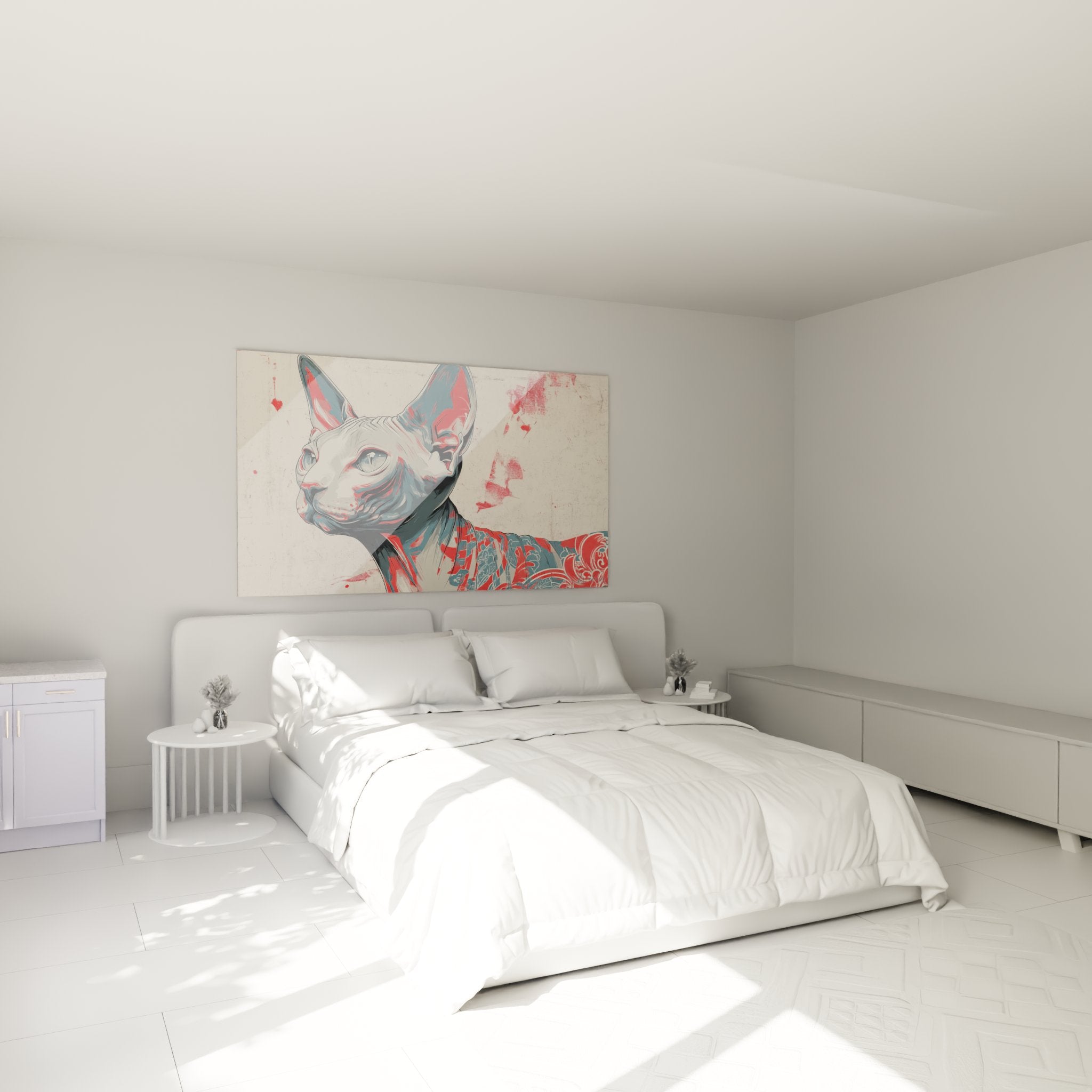 Quadro gatto sphynx street art in camera moderna, decorazione murale contemporanea rosso e blu