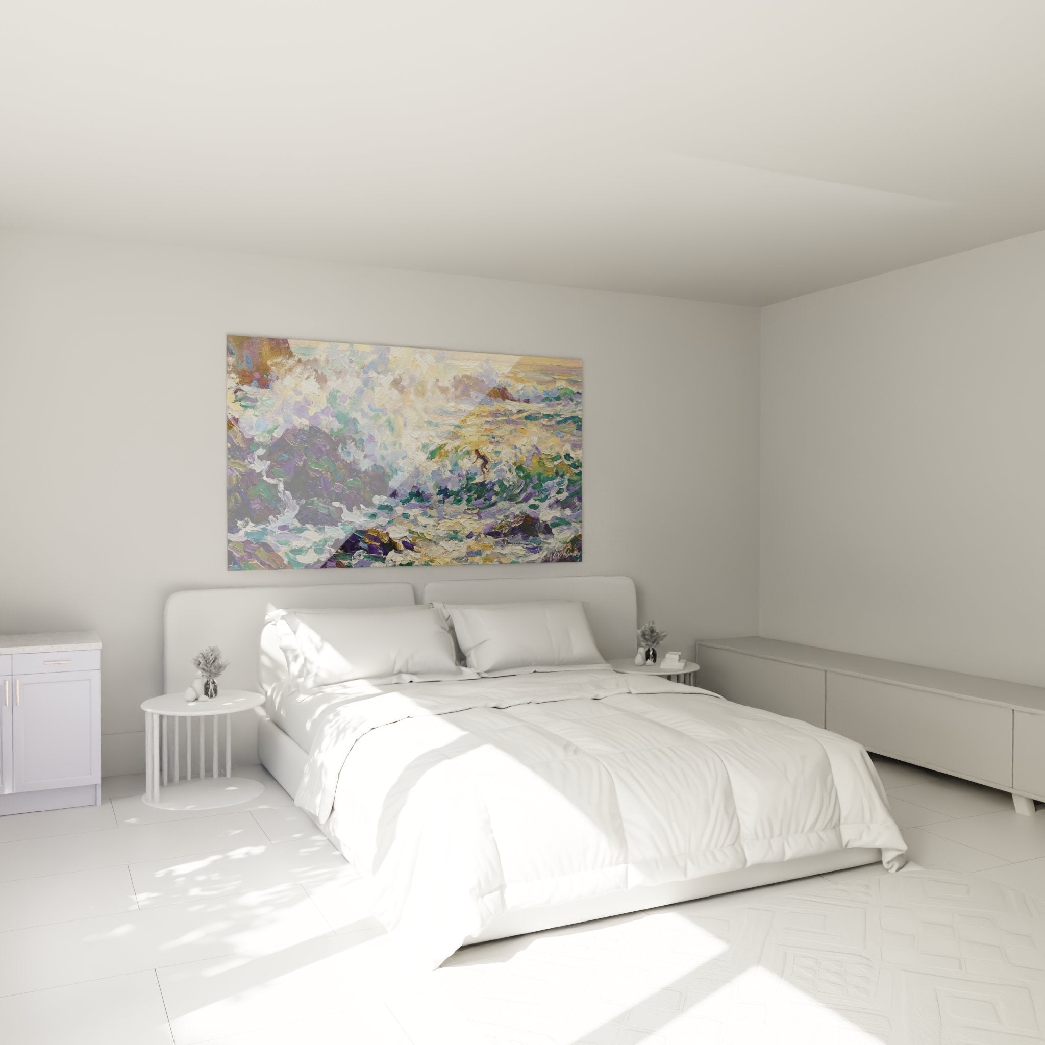 Impressionistisches Wellenbild im modernen Schlafzimmer Wanddekoration bunte Surf Art Violett Grün