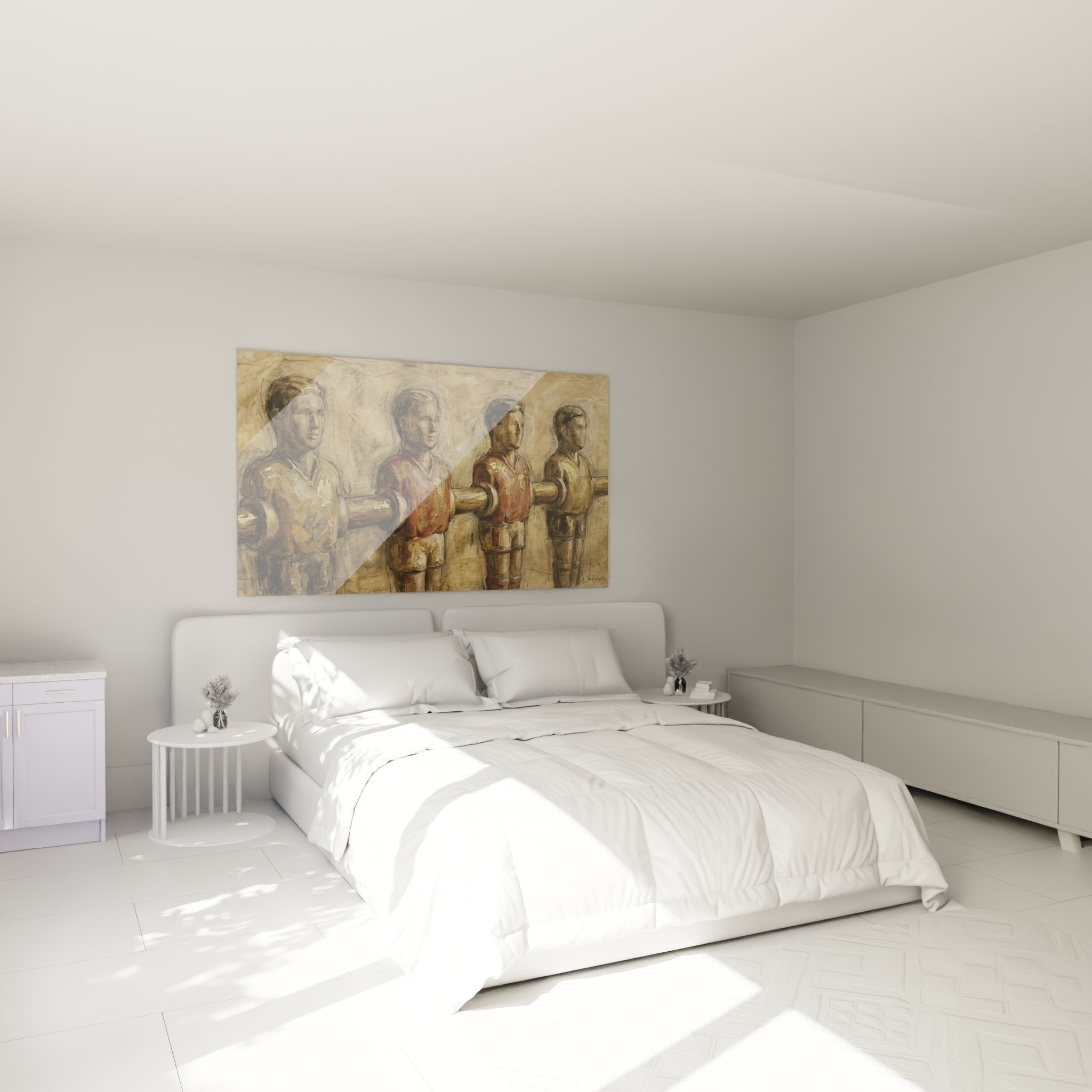 Vintage foosball wall decoration in modern bedroom with painted players in warm tones