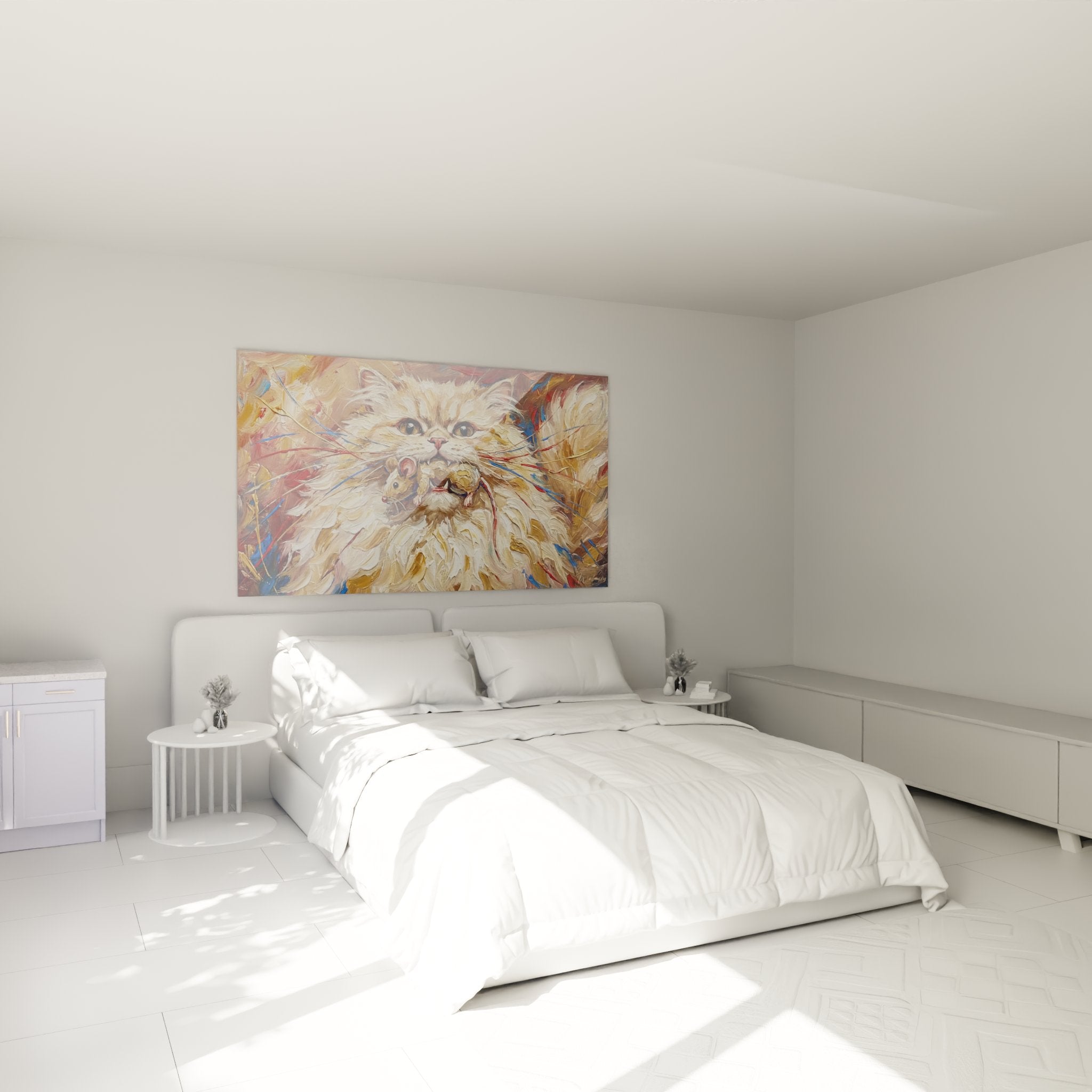 Wall decoration with Persian cat artwork in a bedroom, feline art in gold and copper tones