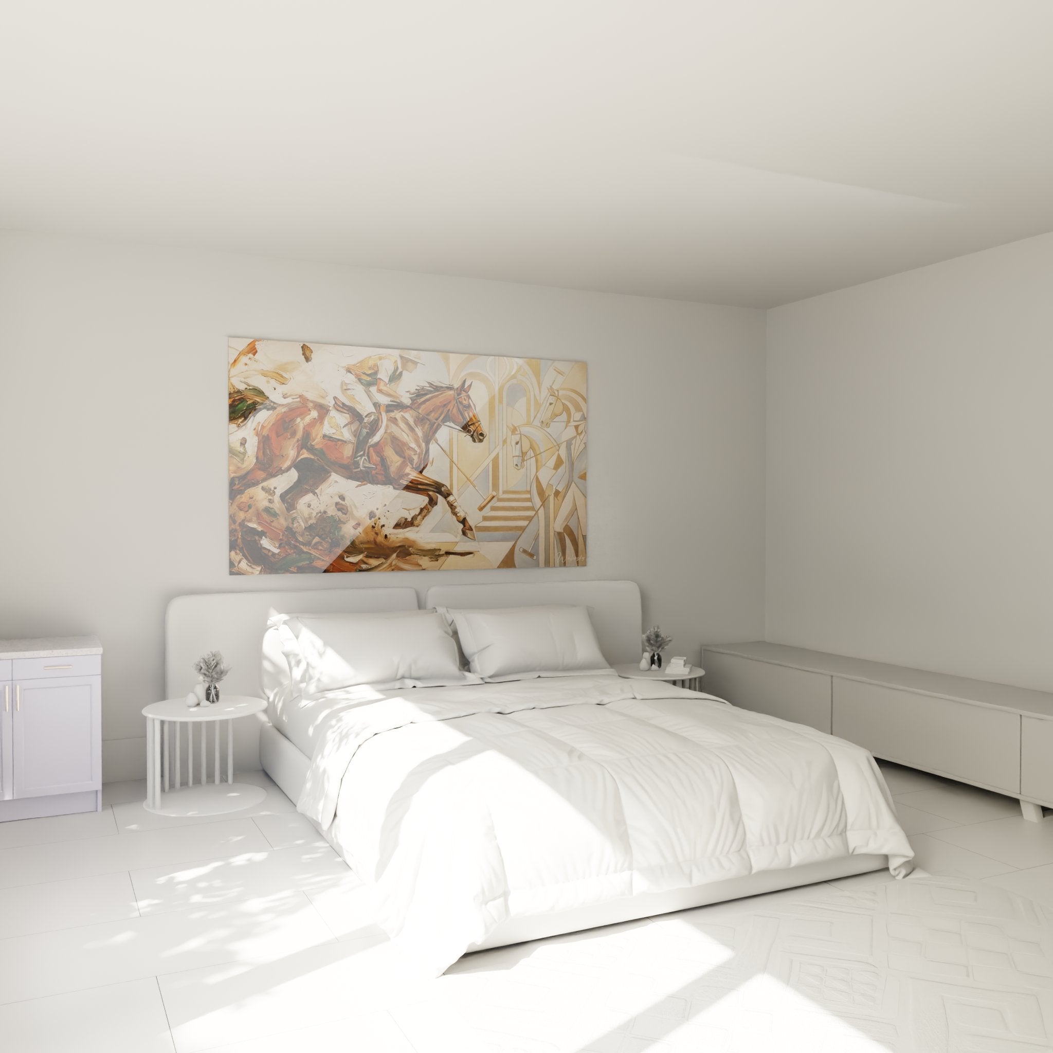 Polo player painting installed in a modern bedroom with chic and elegant sports decor