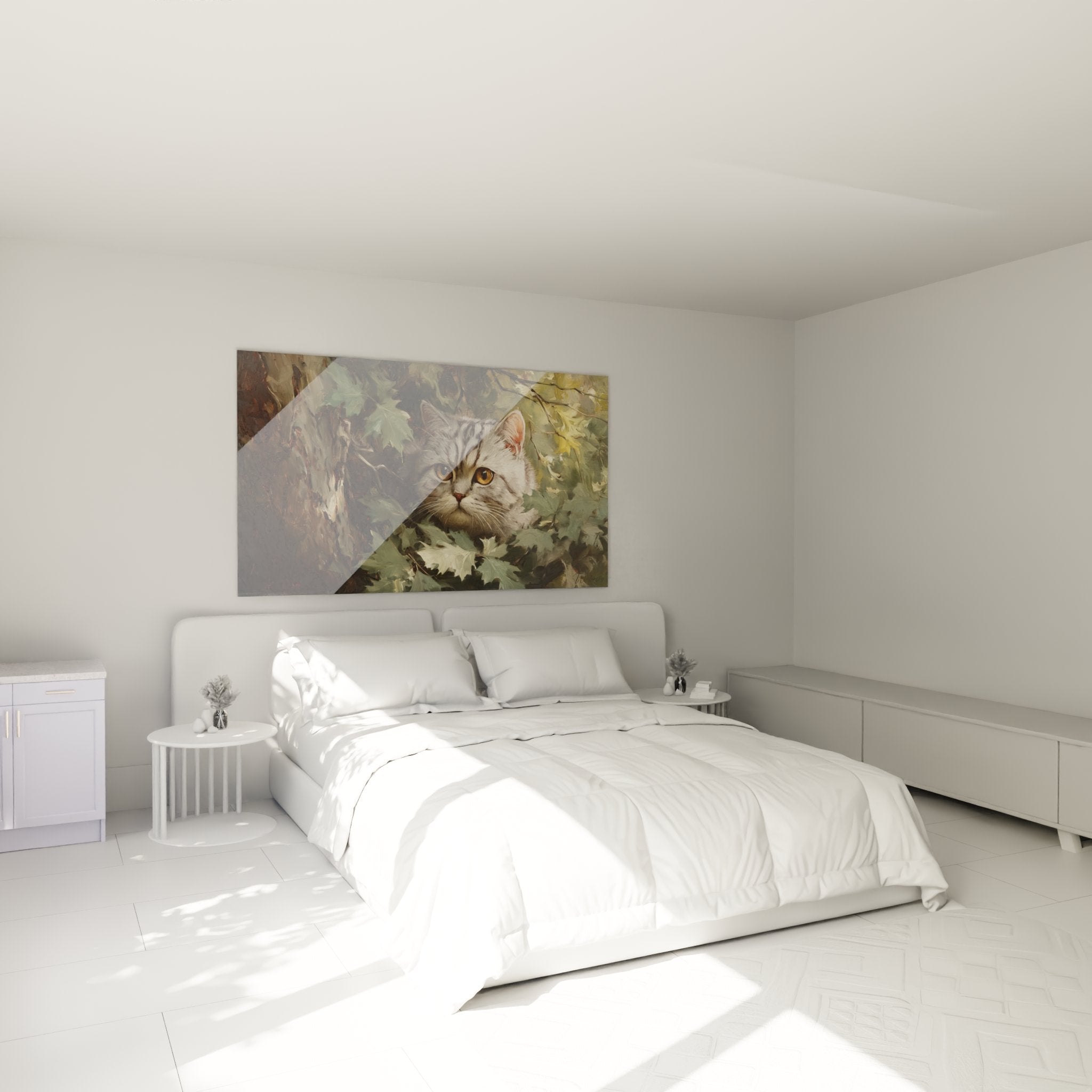Decorazione murale camera da letto con quadro gatto British shorthair tra le foglie autunnali