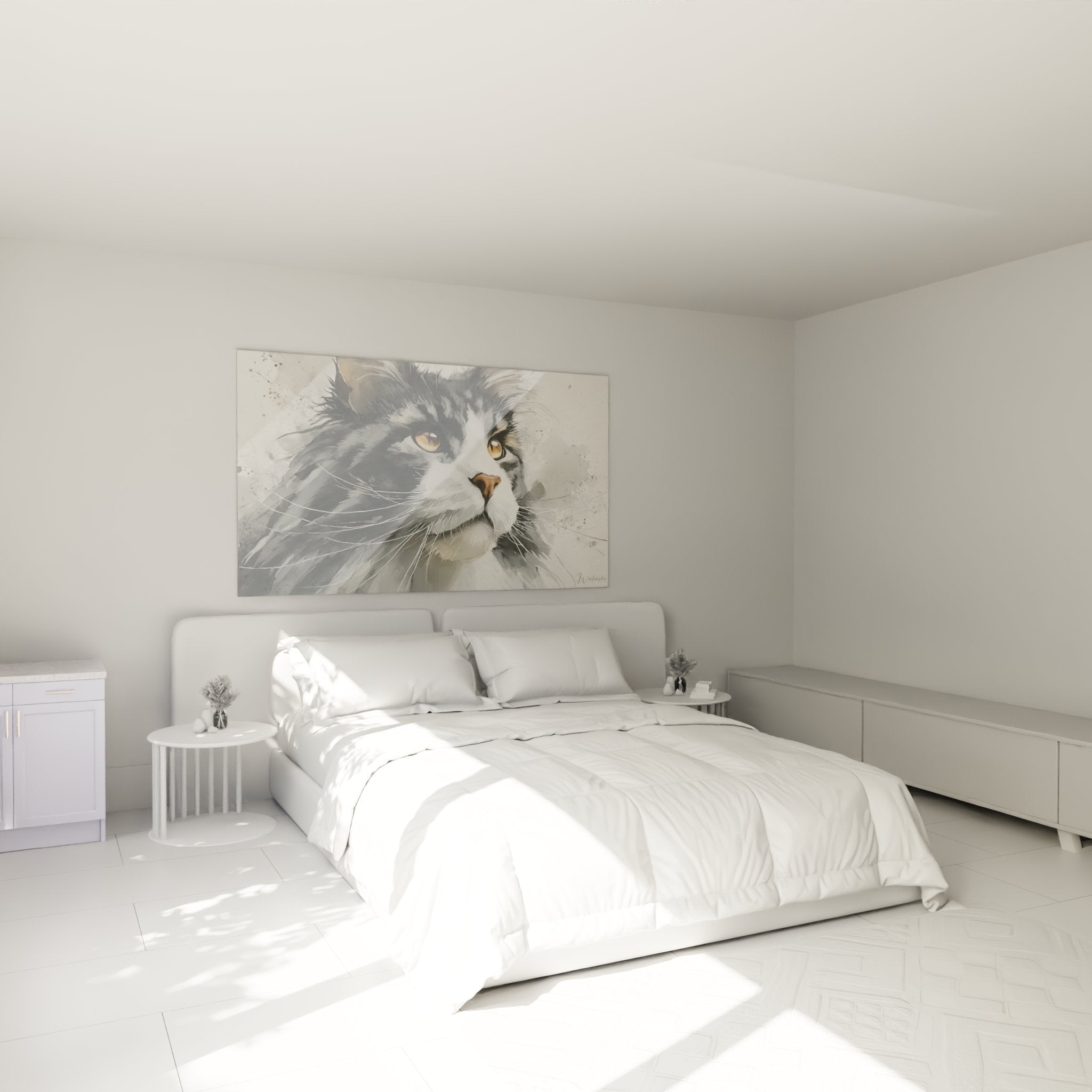 Bedroom decoration with Siberian cat watercolor wall art, cosy and elegant atmosphere