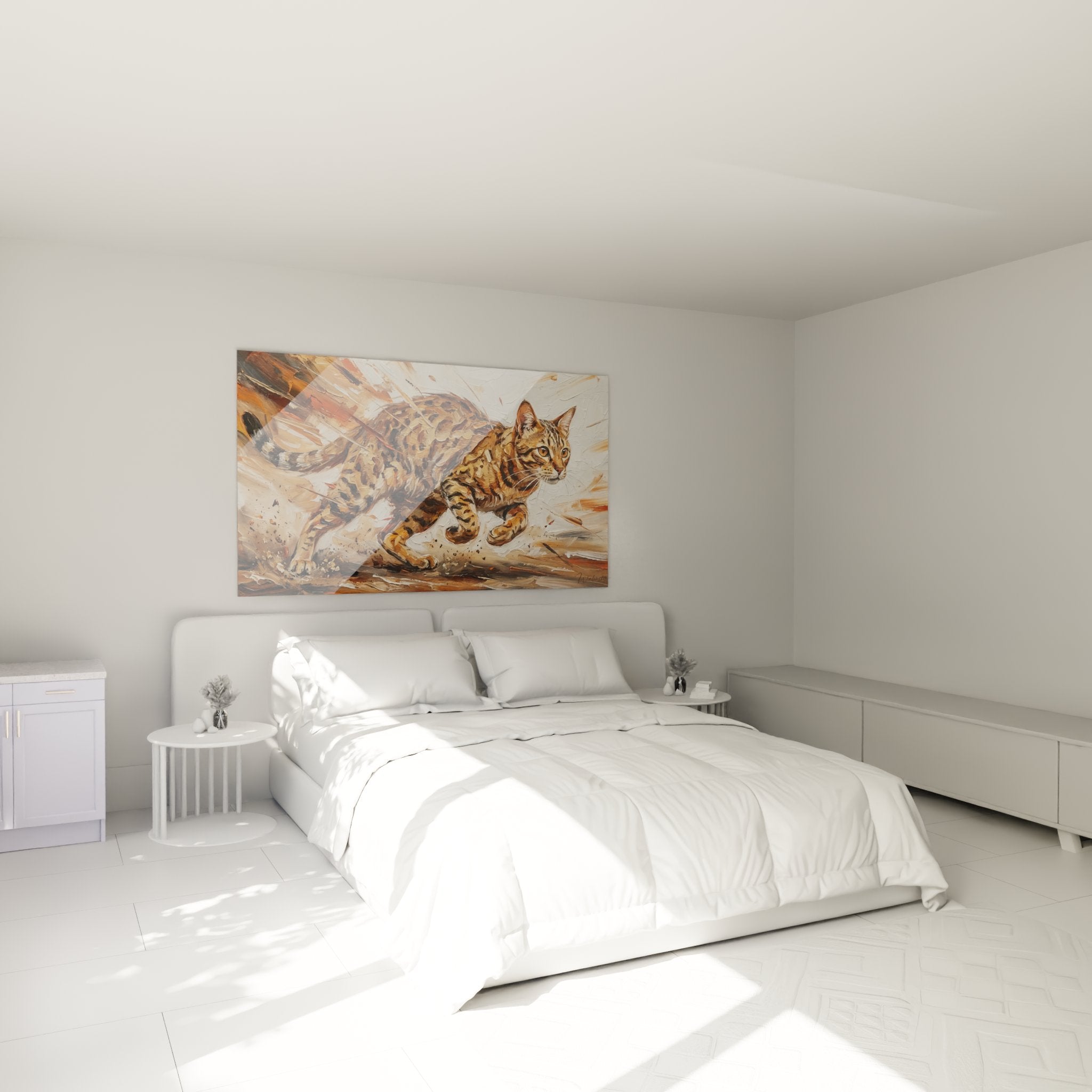 Decoration murale chat Ocicat dans chambre moderne, tableau félin aux couleurs chaudes sur mur blanc