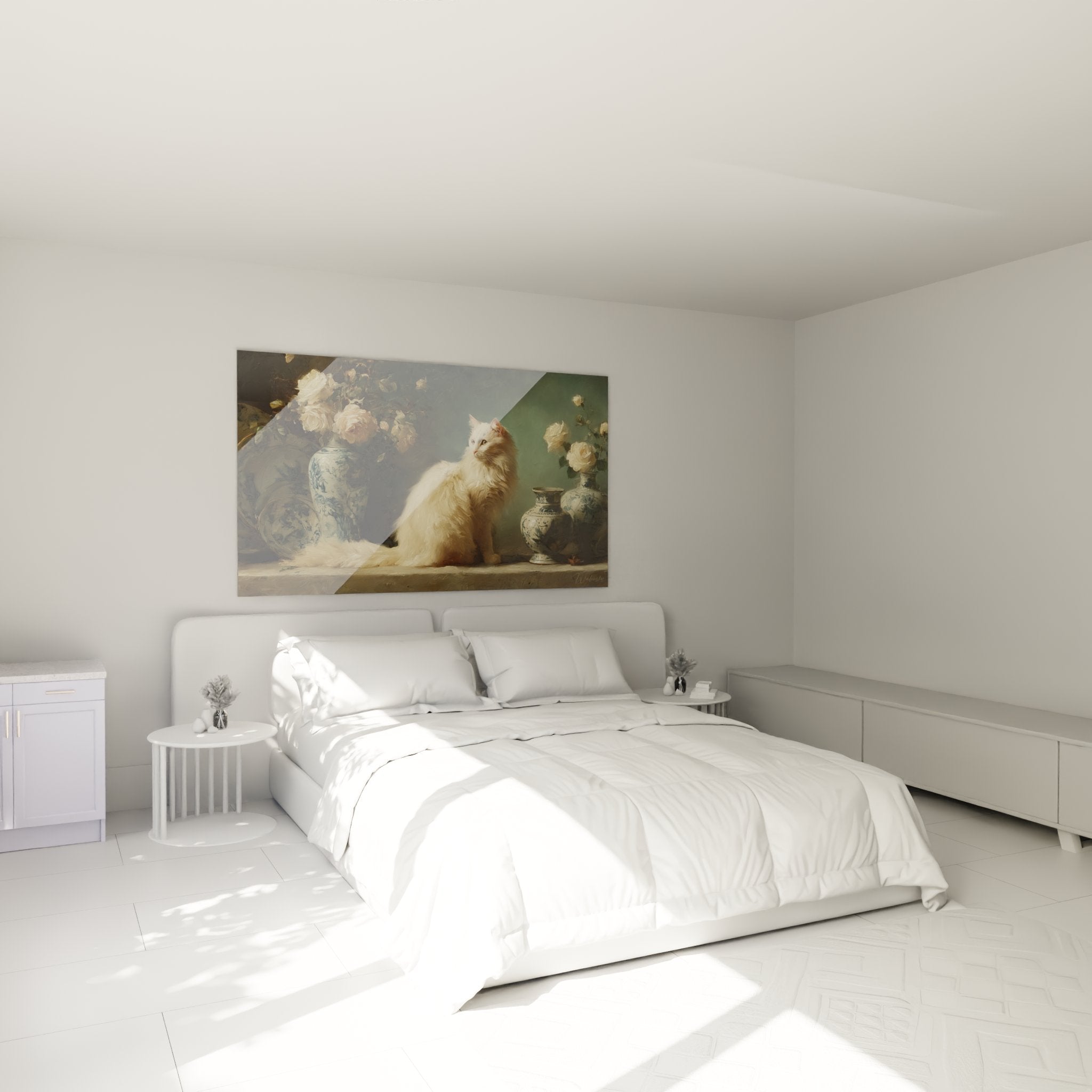 Decorazione murale gatto bianco porcellane in camera moderna atmosfera raffinata e rilassante