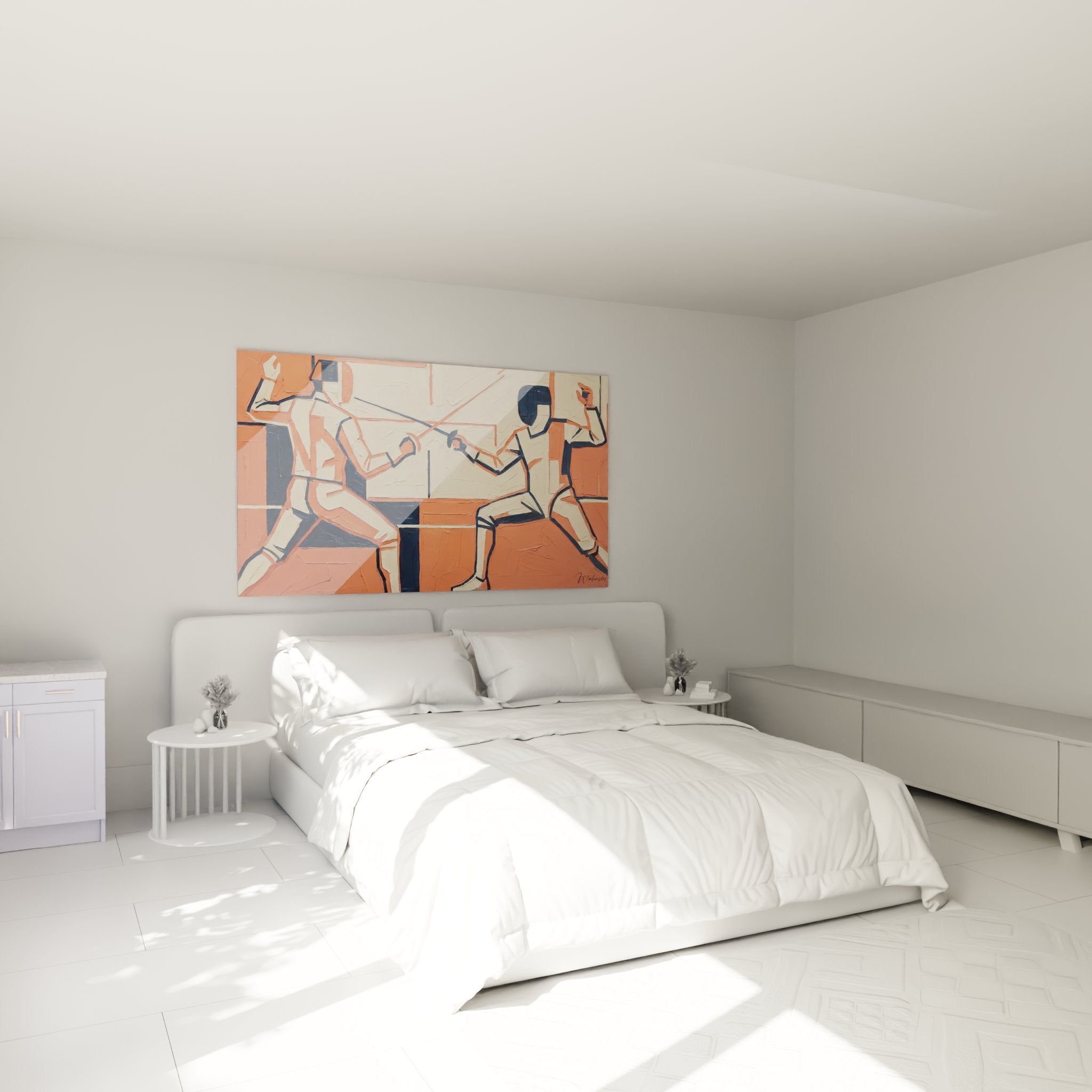 Stylized fencing duel wall art in modern bedroom artistic decoration orange blue contemporary design