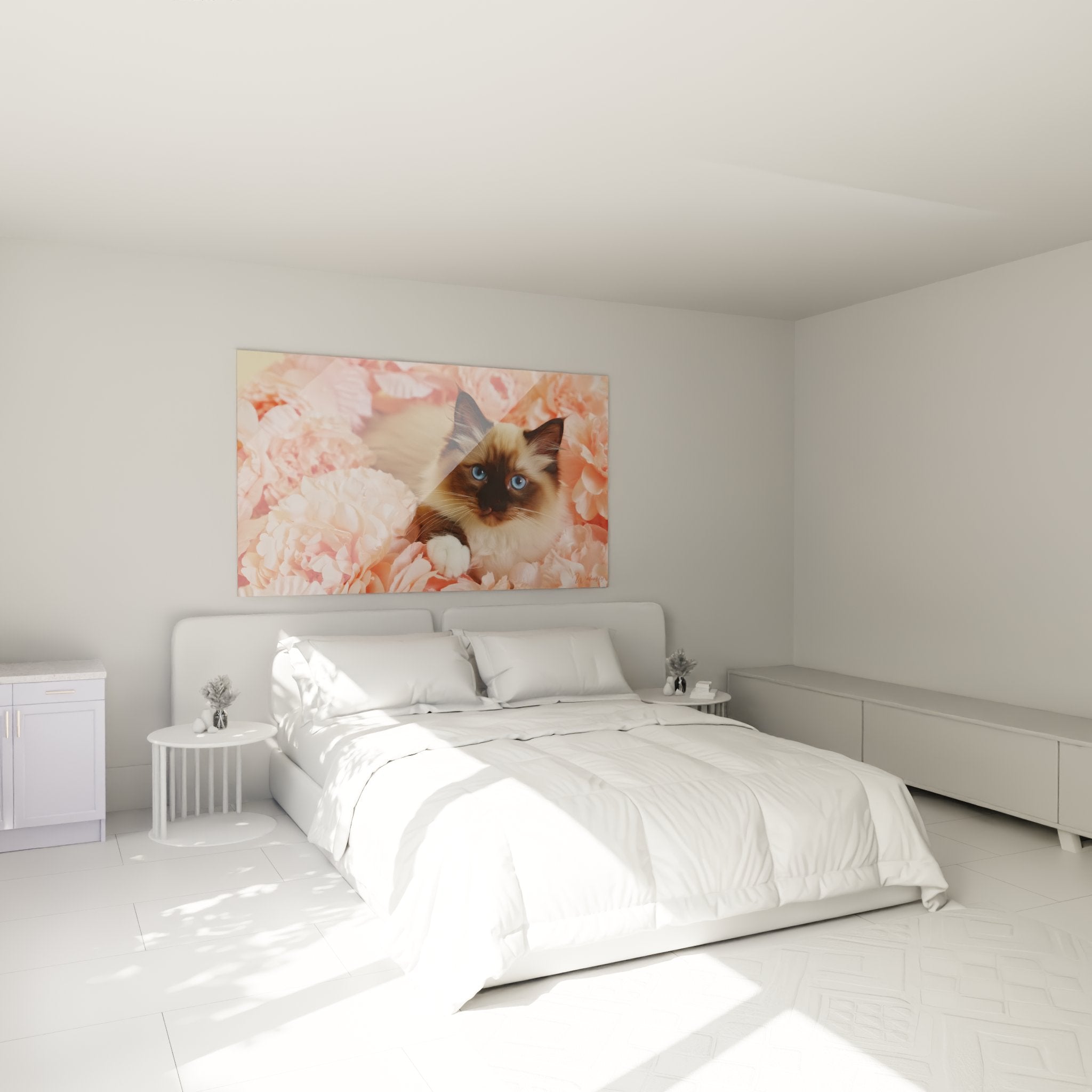 Decorazione camera da letto con quadro gatto birmano e peonie, atmosfera dolce e romantica