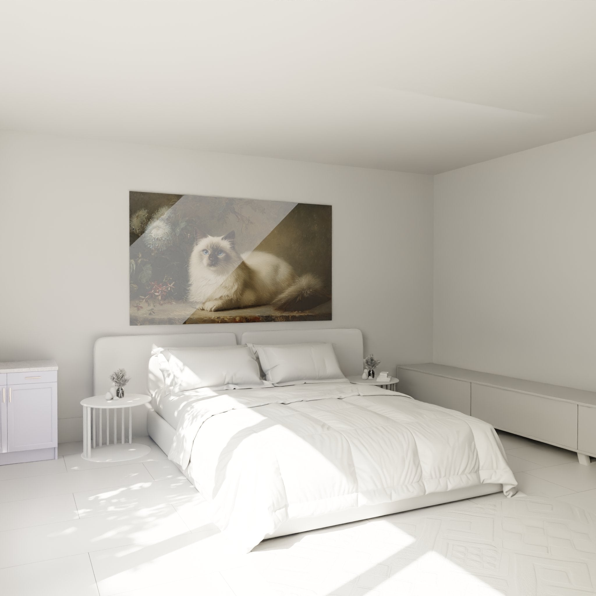 Decorazione murale camera da letto con quadro gatto birmano elegante dagli occhi blu penetranti stile pittorico classico