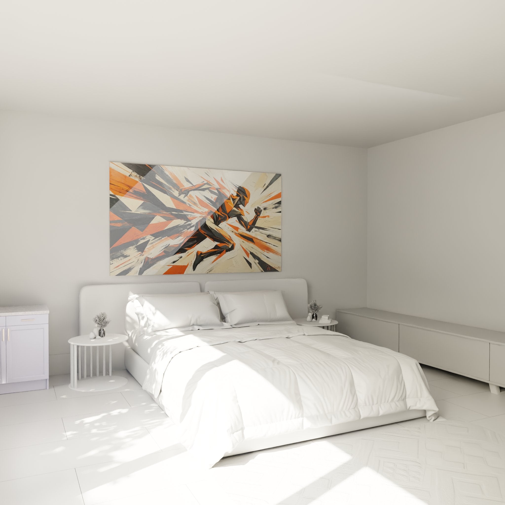 Décoration murale coureur abstrait dans chambre moderne avec palette orange gris pour amateur de running