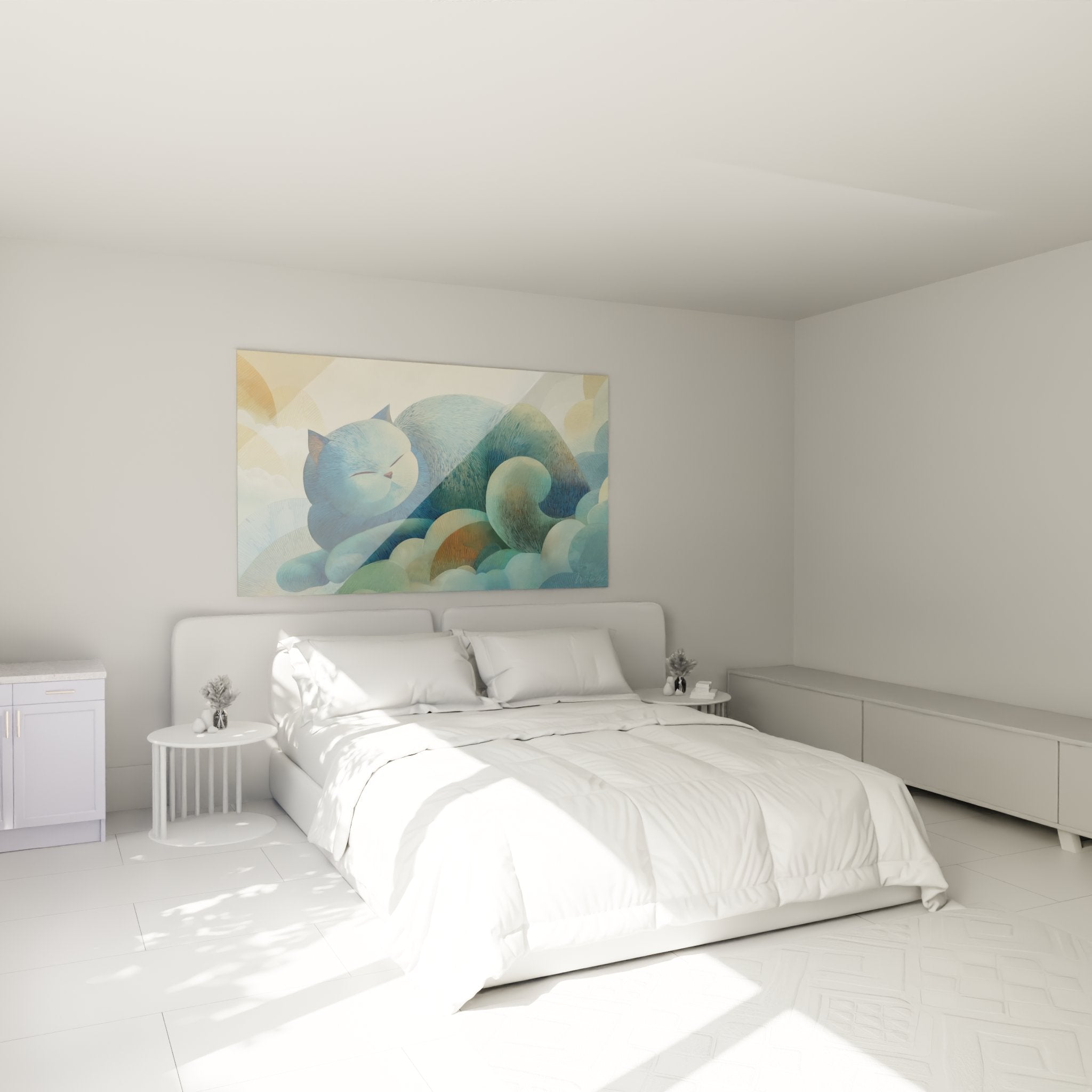 Deco chambre avec tableau chat endormi nuages, ambiance relaxante et sereine pour espace nuit