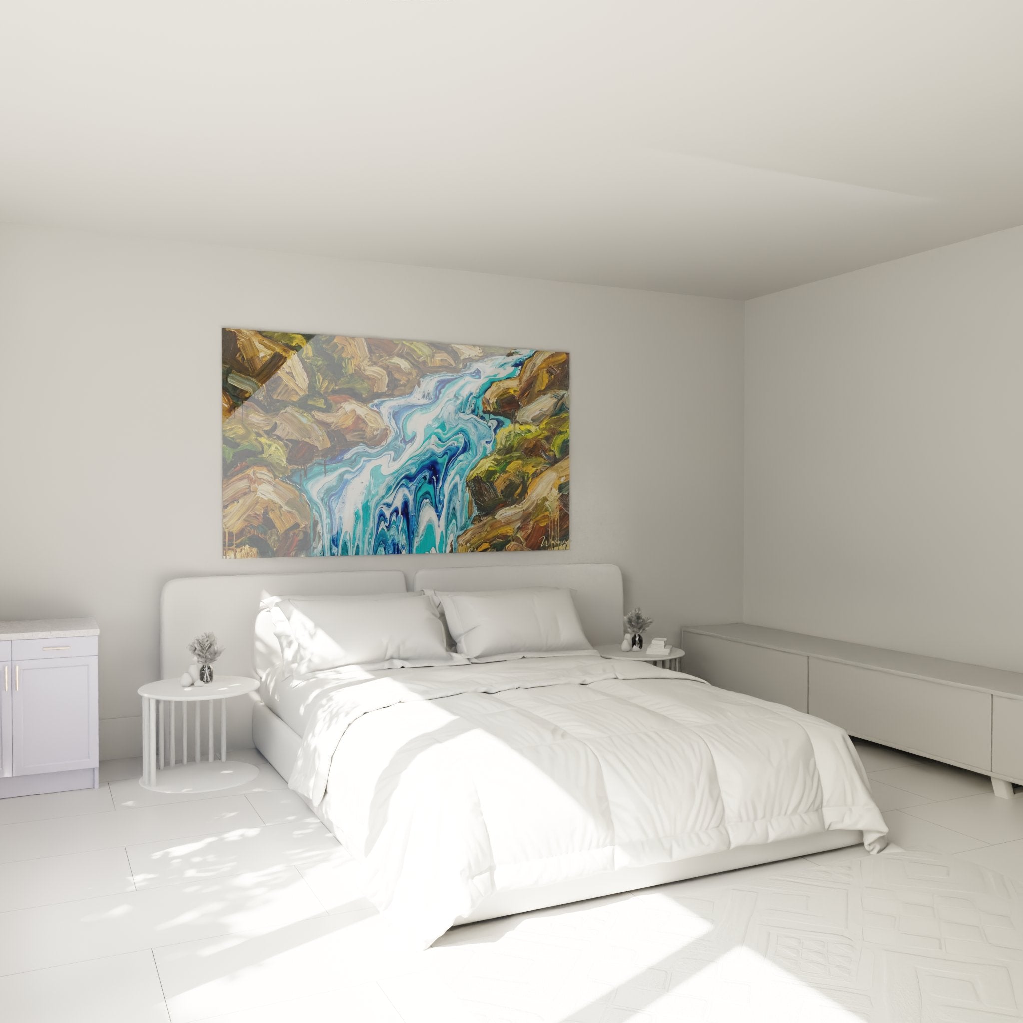 Wanddekoration Gemälde Alpine Wasserfallkaskade im modernen Schlafzimmer Natur Bergambiente entspannend