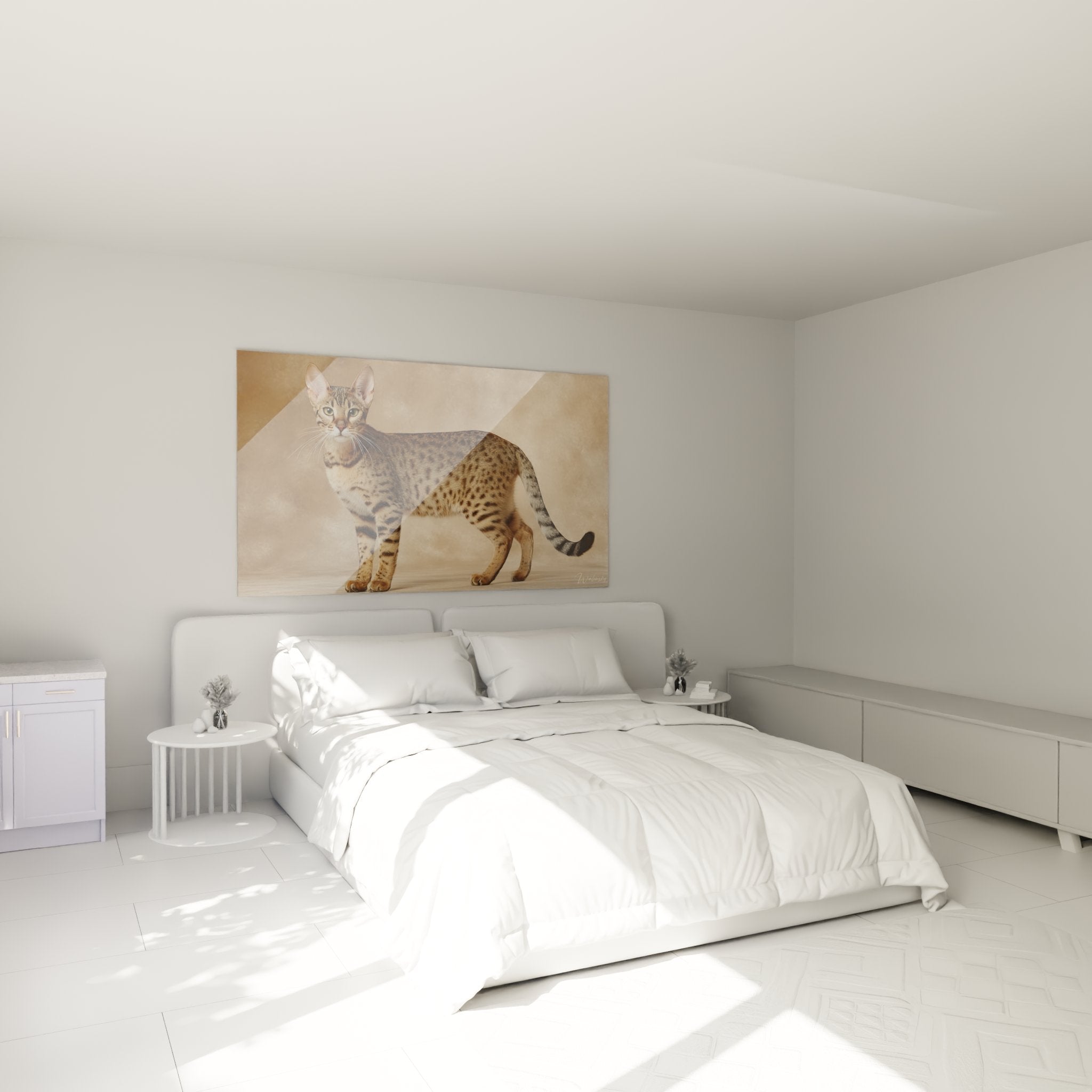 Serengeti cat wall decoration profile in modern bedroom, warm atmosphere with beige and gold tones