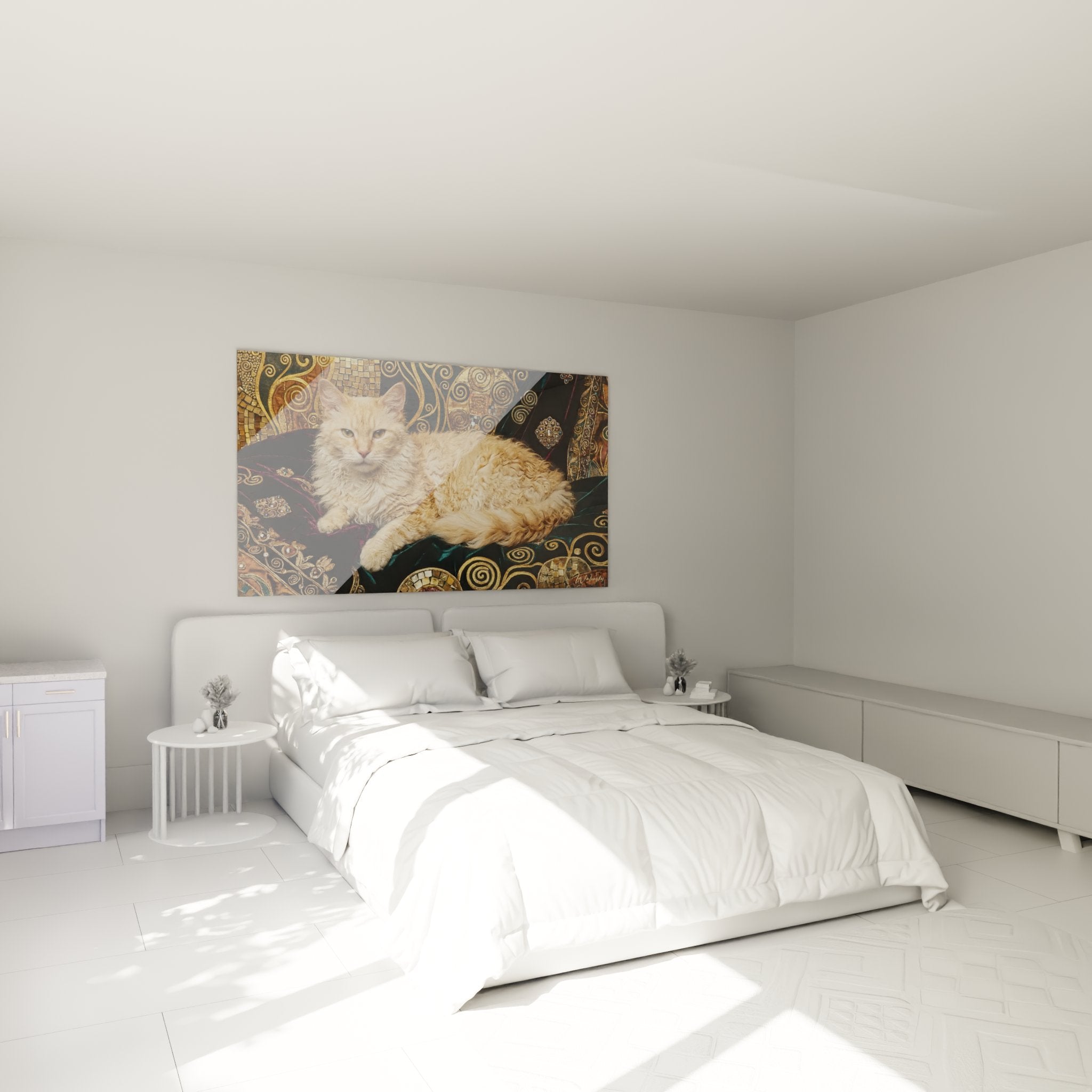 Quadro gatto LaPerm stile Klimt in camera moderna con decorazione murale elegante e raffinata