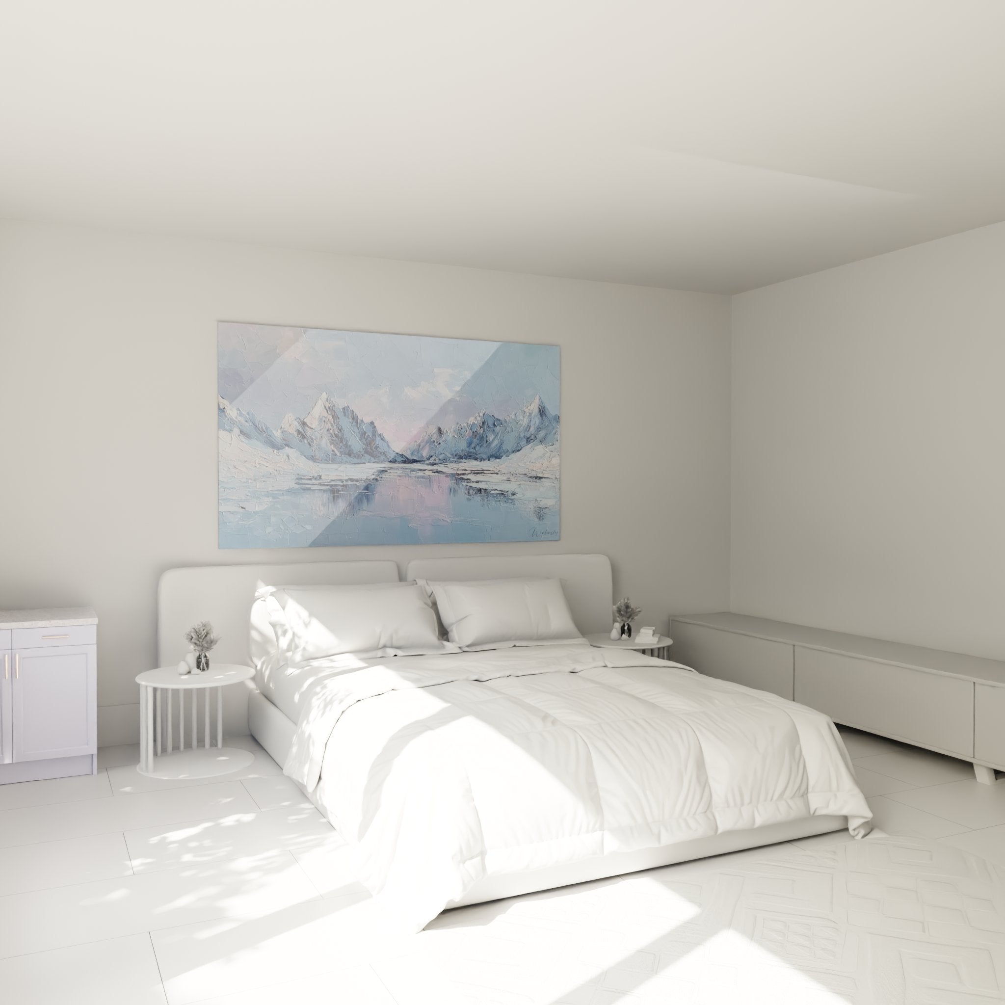 Quadro montagna innevata camera decorazione murale paesaggio artico tonalita blu rosa