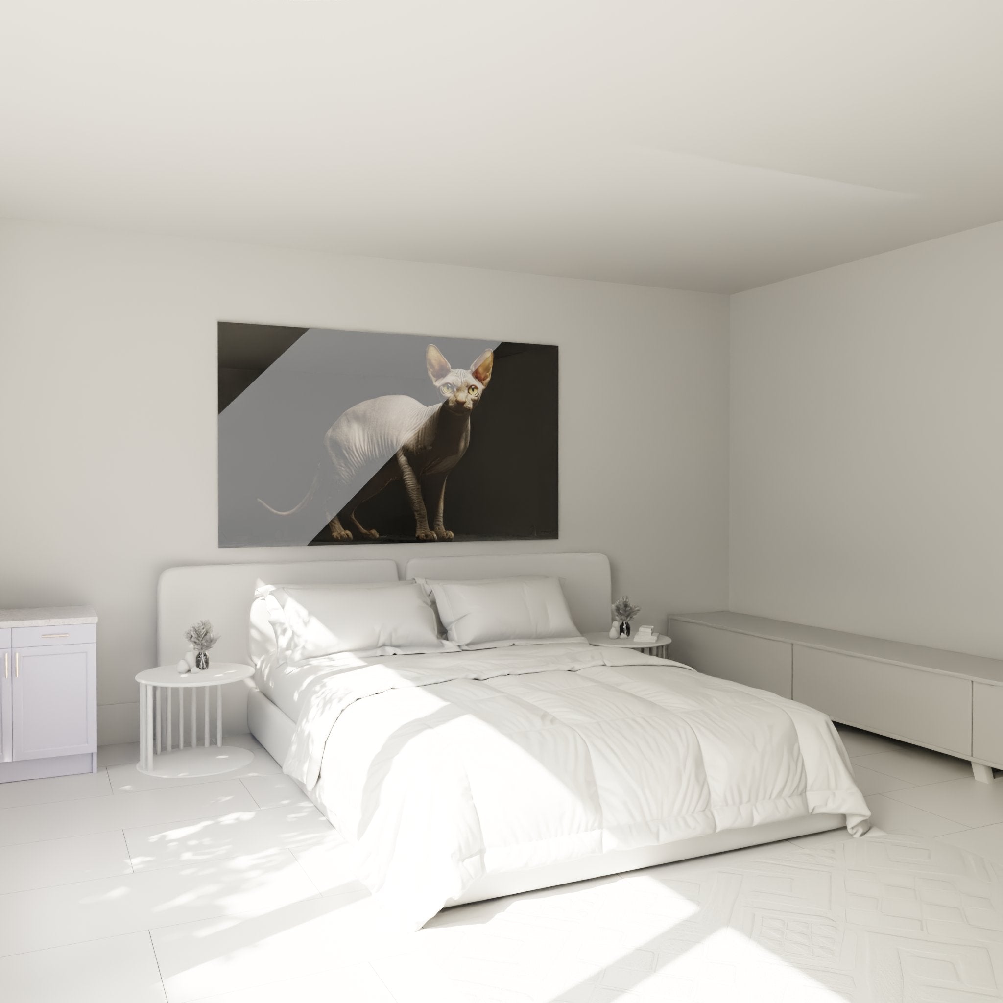 Sphynx cat wall art decorating modern bedroom, sophisticated feline mural for interior design