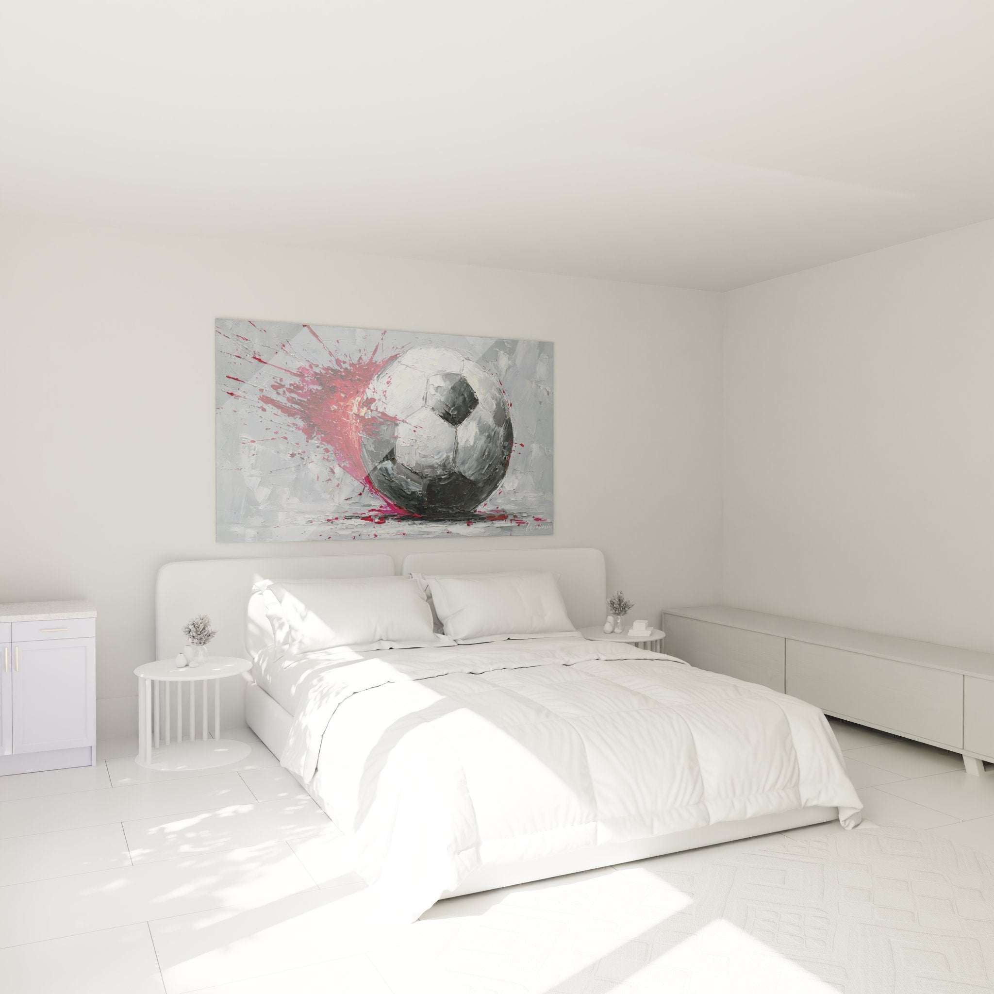 Tableau football explosion rouge décorant une chambre moderne avec lit et mobilier contemporain