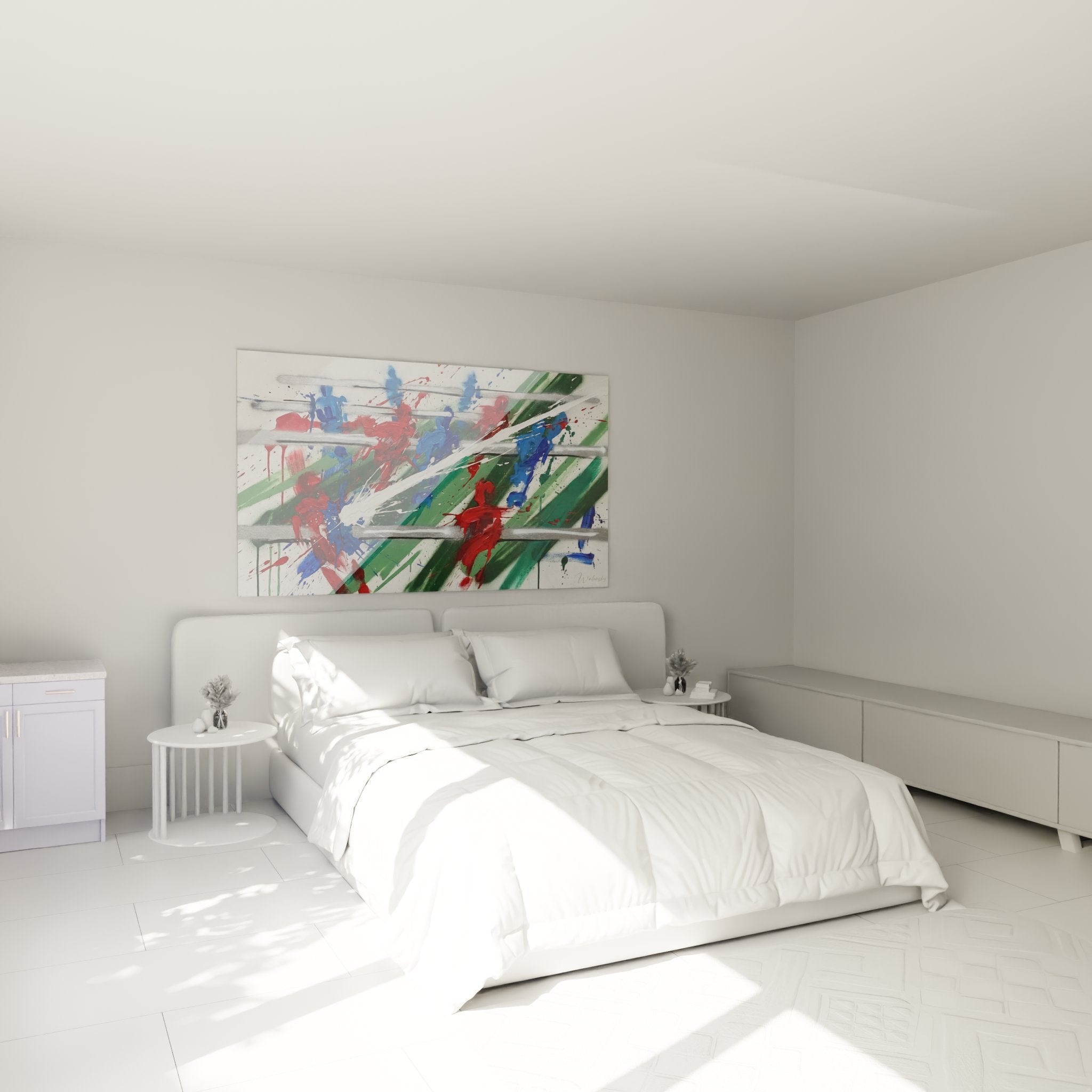 Abstract foosball table wall art hanging in a modern bedroom with contemporary decor