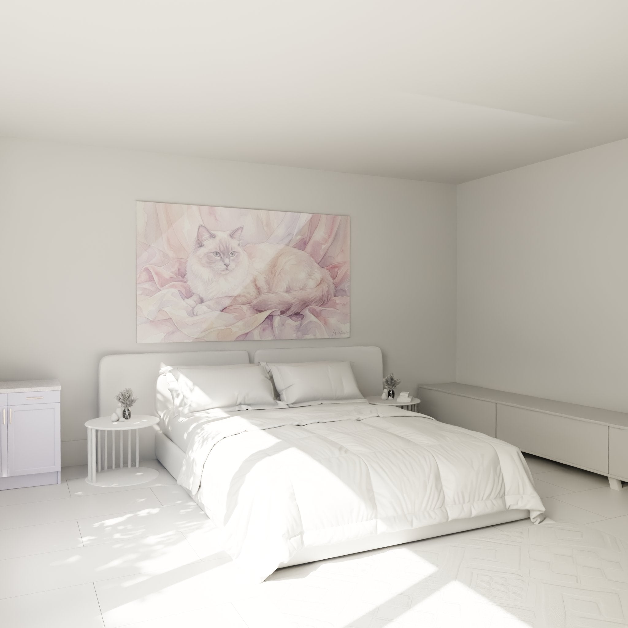 Decorazione murale gatto Ragdoll acquerello in camera moderna, atmosfera dolce e romantica