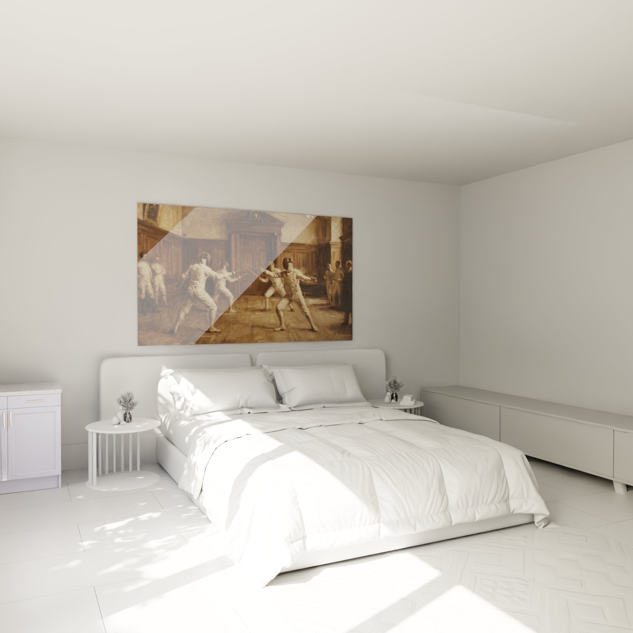 Fencing wall décor in a bedroom, classical French 19th century duel of honor artwork