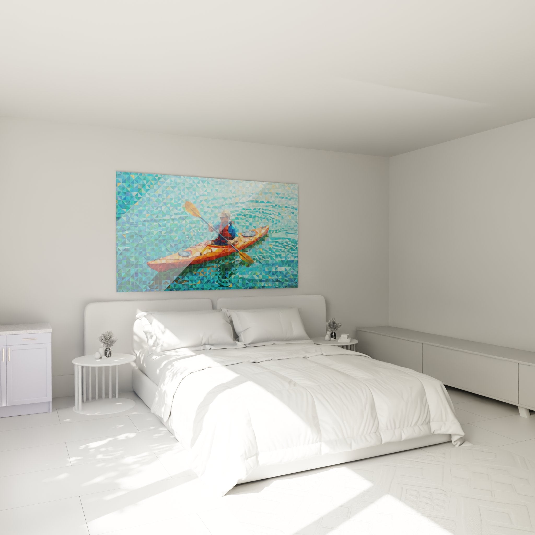 Tableau kayak mosaïque dans chambre moderne, décoration murale sport nautique géométrique