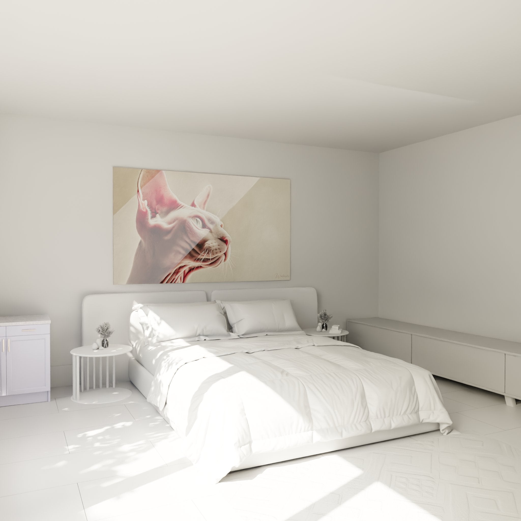 Quadro gatto Sphynx rosa in camera moderna, elegante decorazione murale sopra il letto