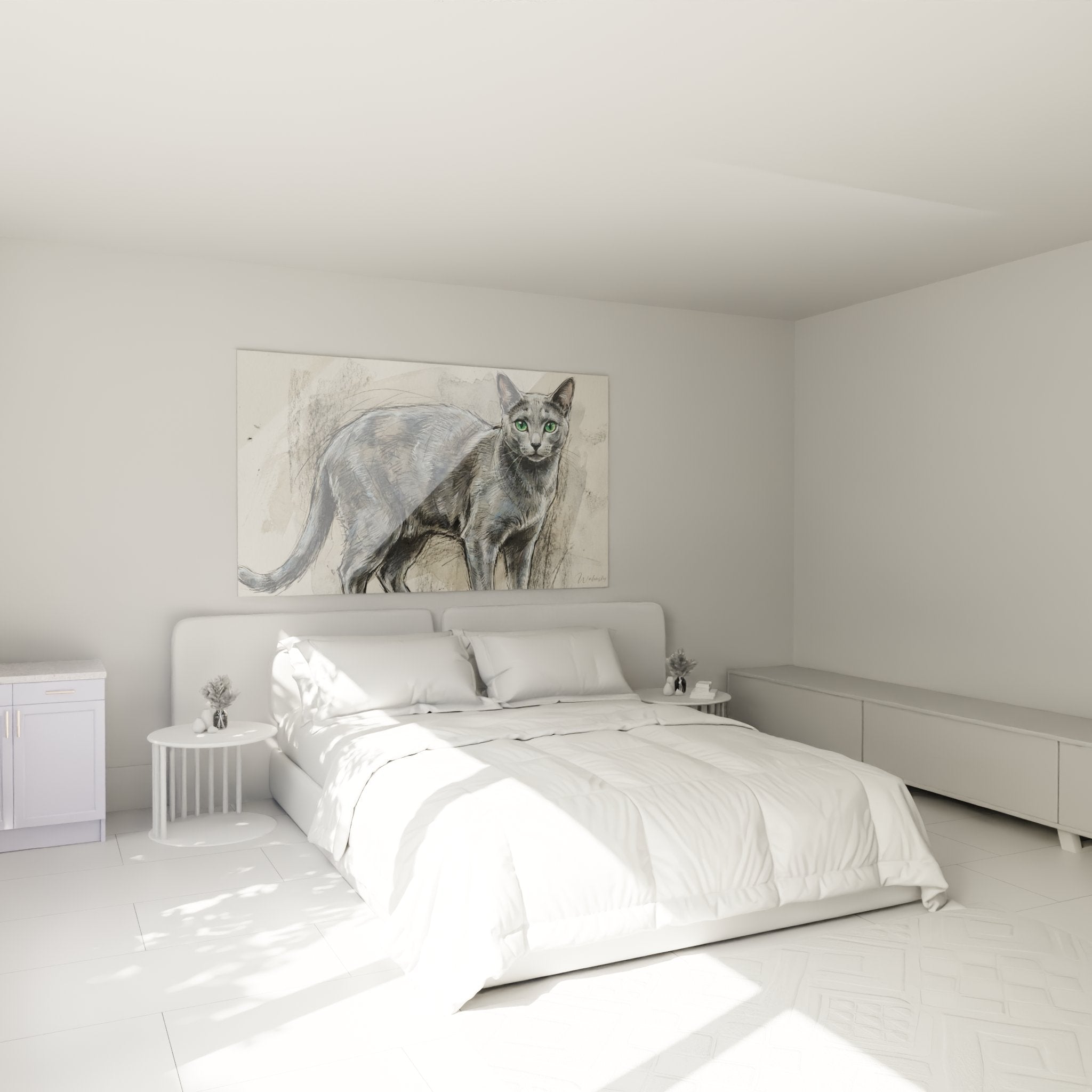 Déco chambre avec tableau chat Russian Blue esquisse gris et vert au mur