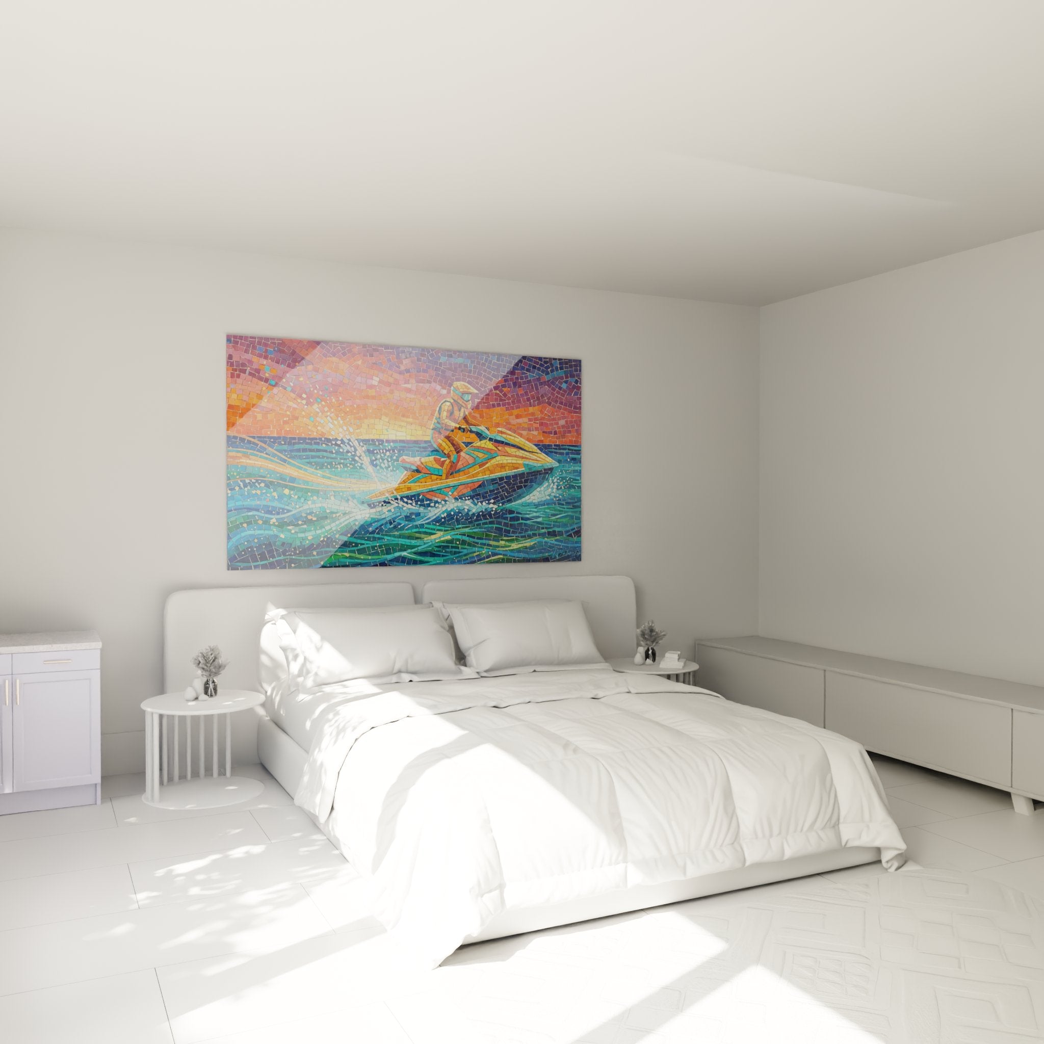 Tableau jetski mosaïque sunset racing décorant élégamment une chambre moderne avec ambiance nautique