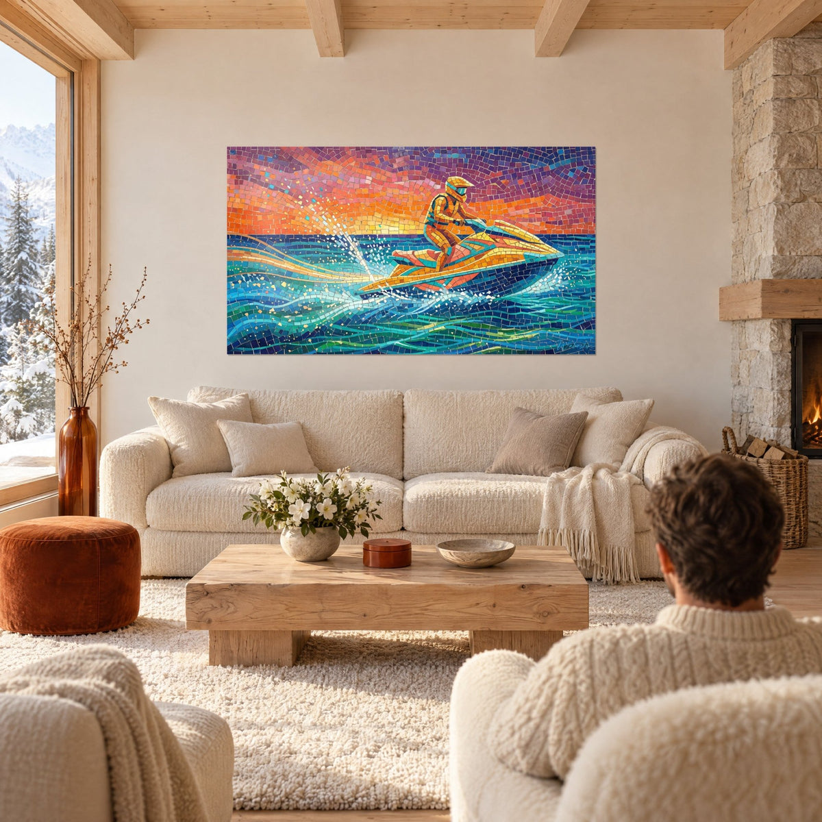 Tableau pilote de jet-ski casqué en mosaïque orange et turquoise, sillage d'écume dorée, au-dessus d'un canapé dans un salon lumineux