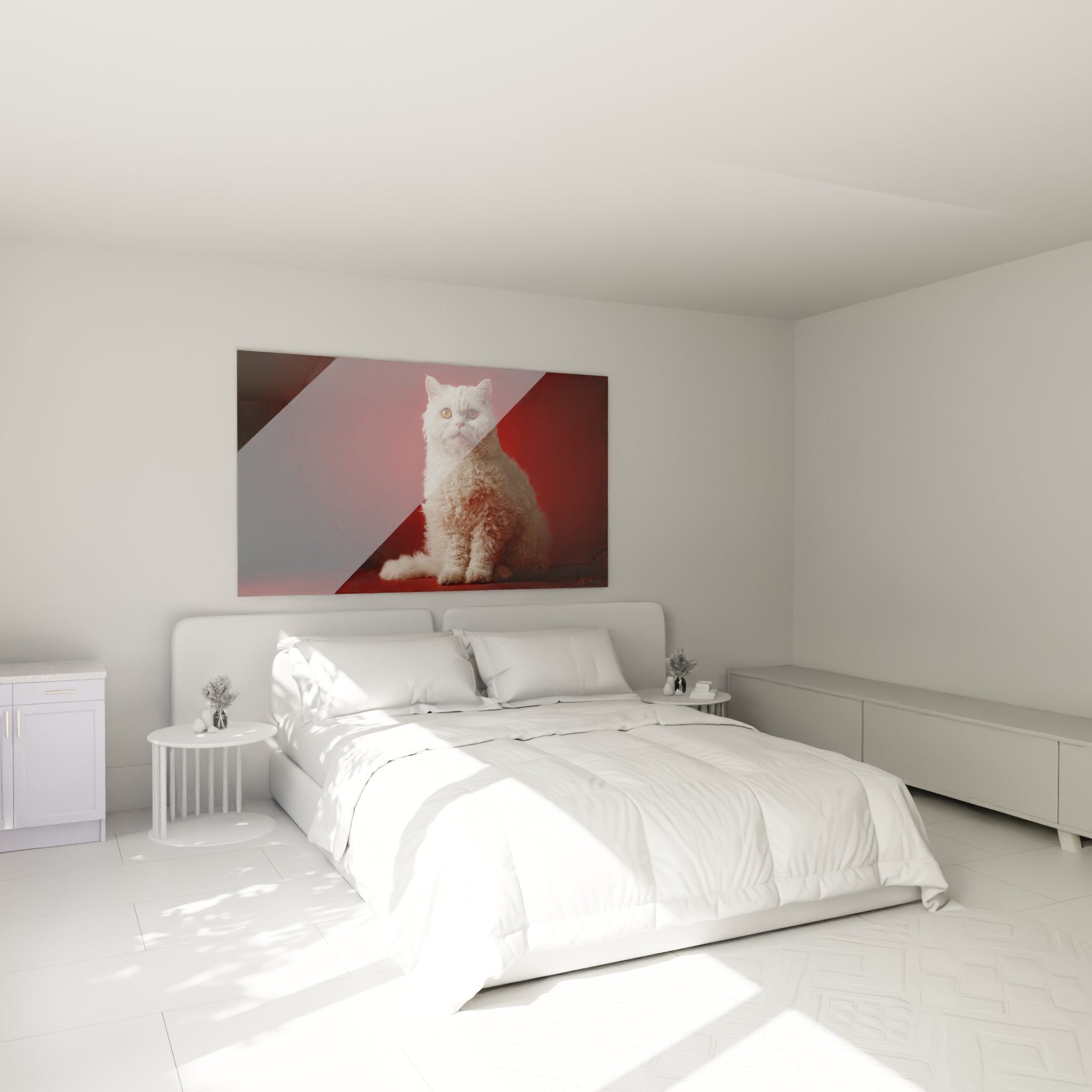 Tableau chat Selkirk Rex blanc accroche dans chambre moderne, decoration murale feline elegante