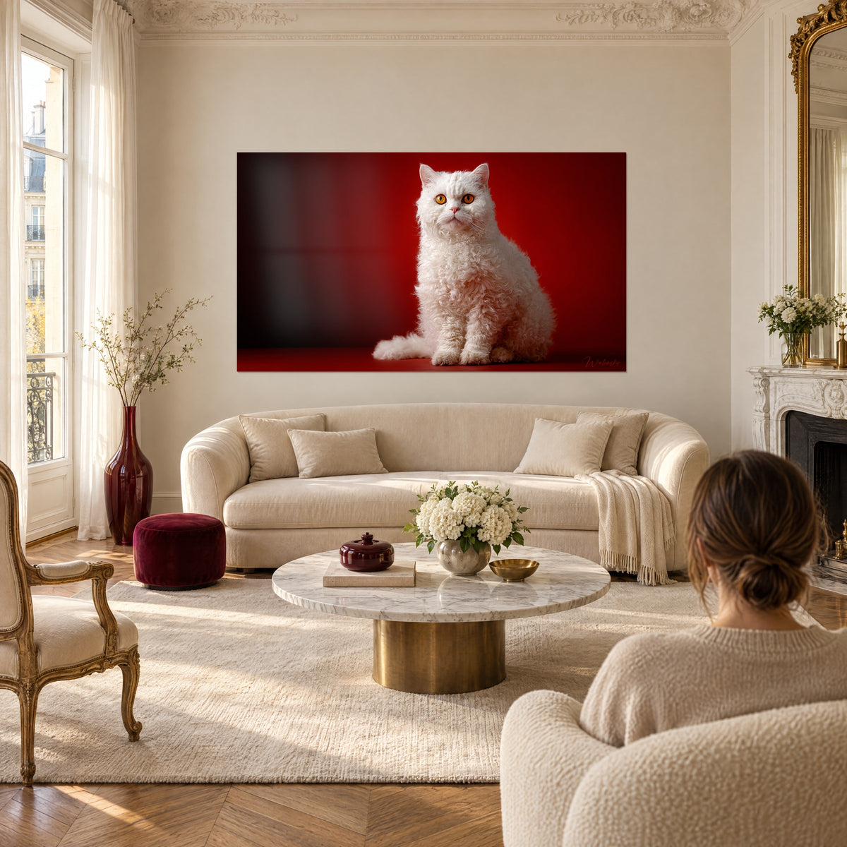 Obraz biały kot Selkirk Rex o bursztynowych oczach, kędzierzawe futro na karmazynowym tle, salon w stylu haussmanowskim nad sofą w jasnym salonie