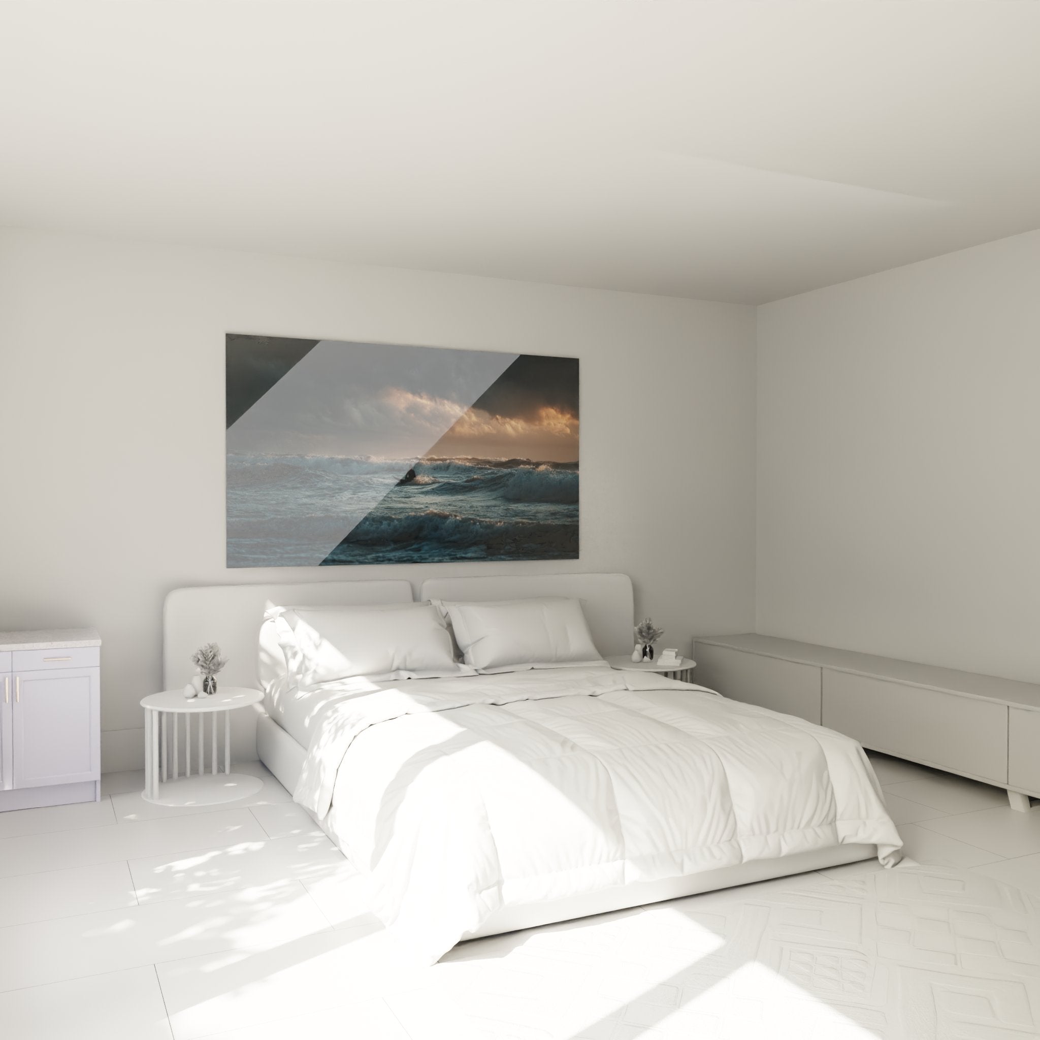 Décoration chambre avec tableau surf tempête créant ambiance marine dramatique
