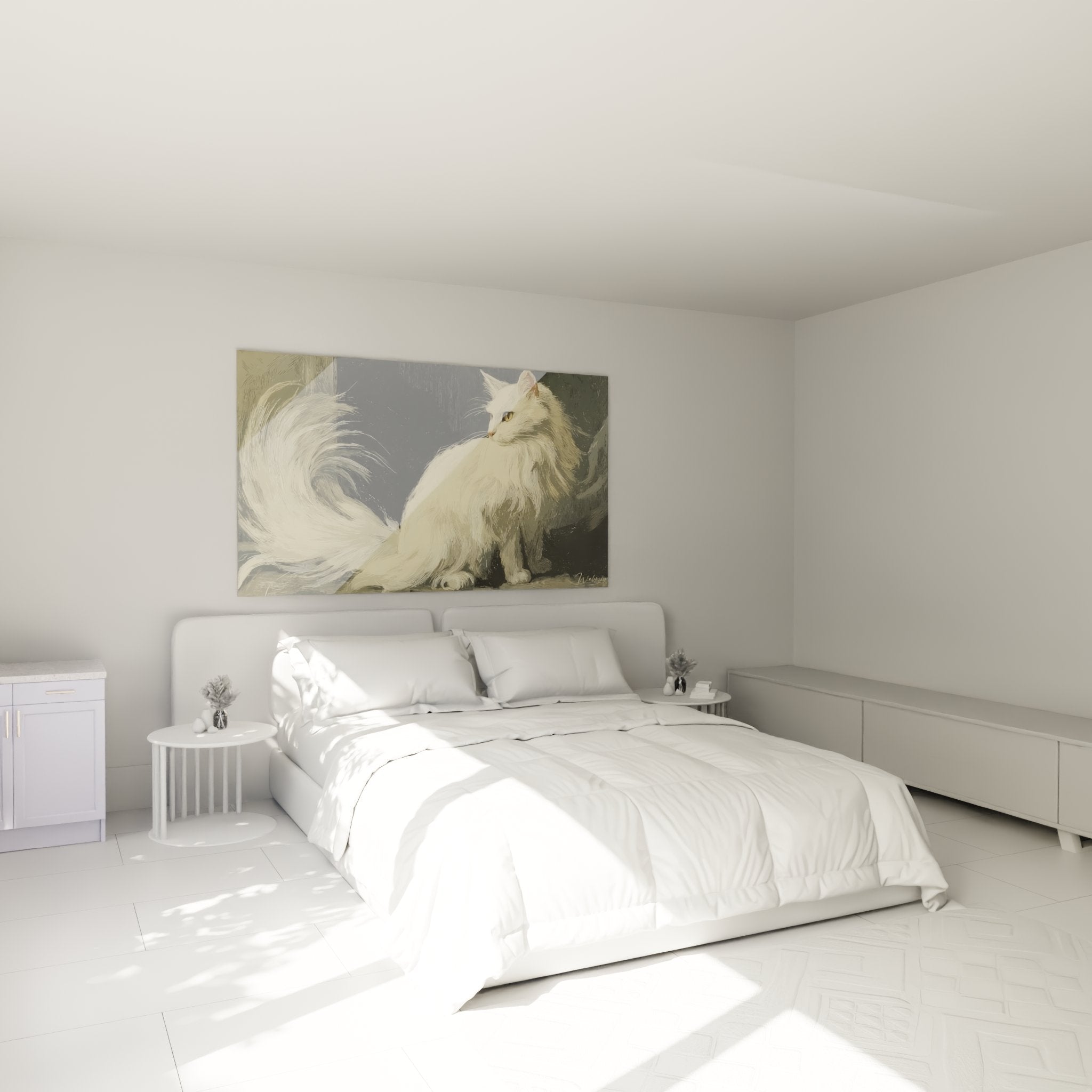 Wanddekoration Schlafzimmer mit Bild Katze Turkish Angora weiß eleganter Stil vintage künstlerisch