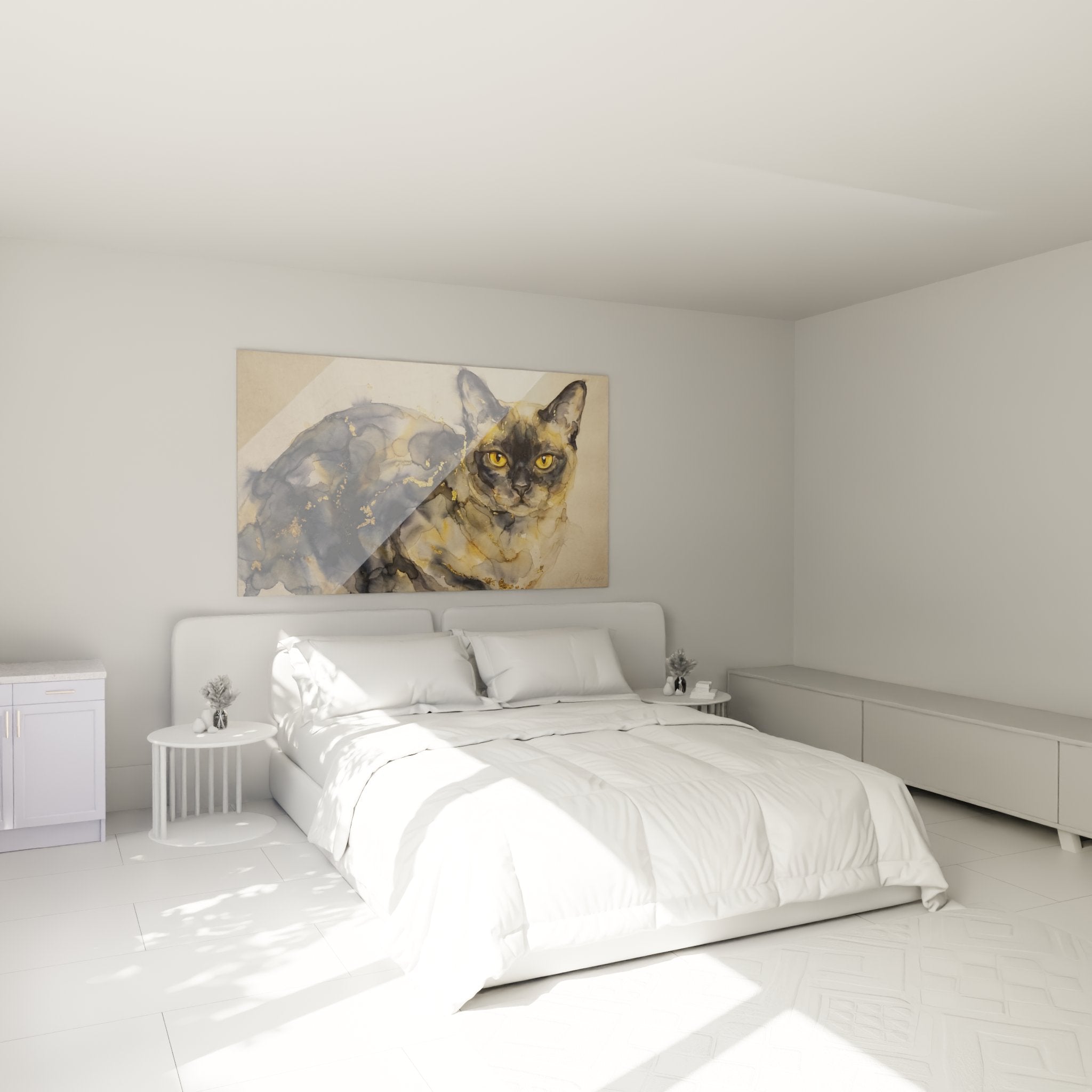 Tableau chat Burmese aquarelle dans chambre moderne avec décoration murale élégante