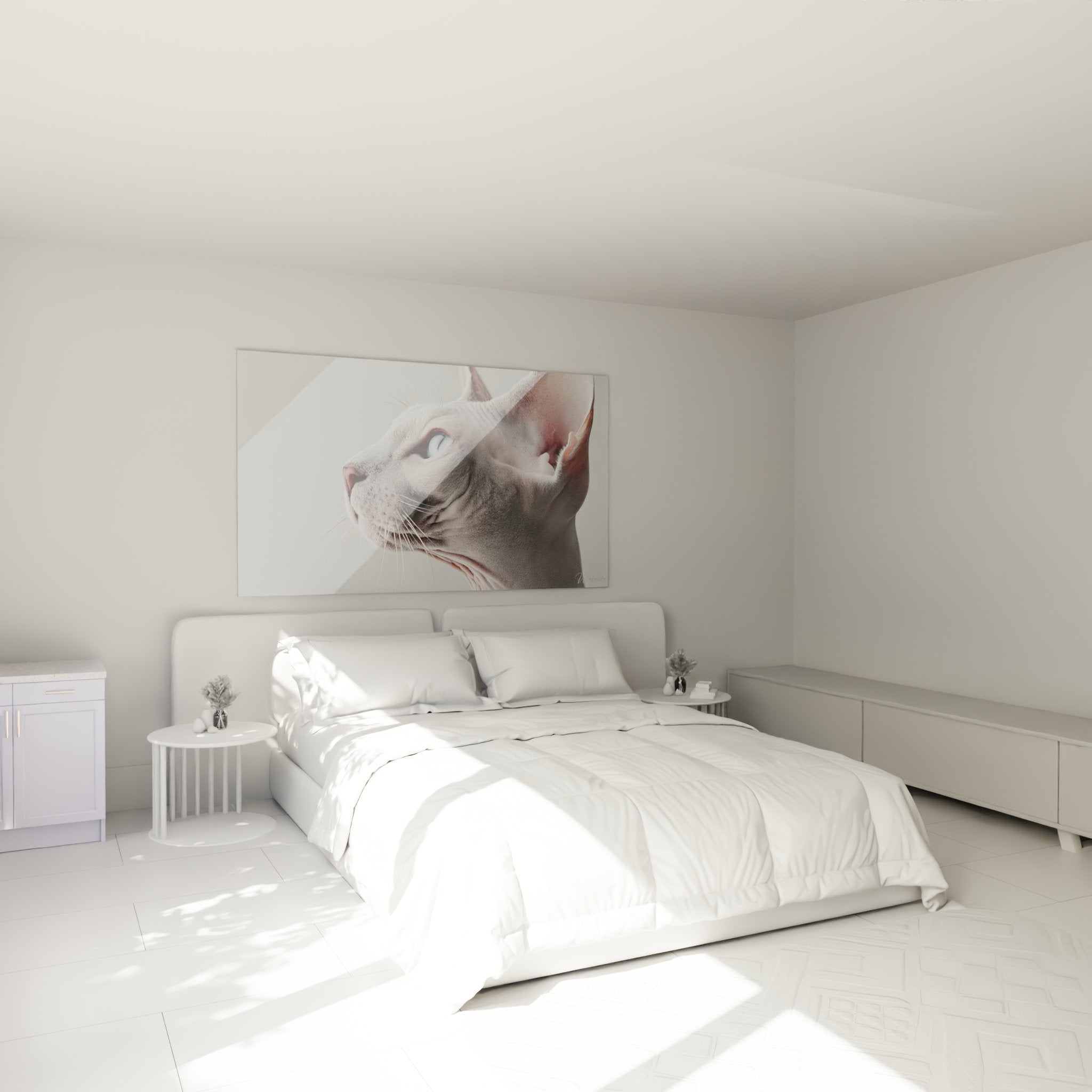 Quadro gatto Sphynx occhi blu in camera moderna decorazione murale arte felina atmosfera accogliente