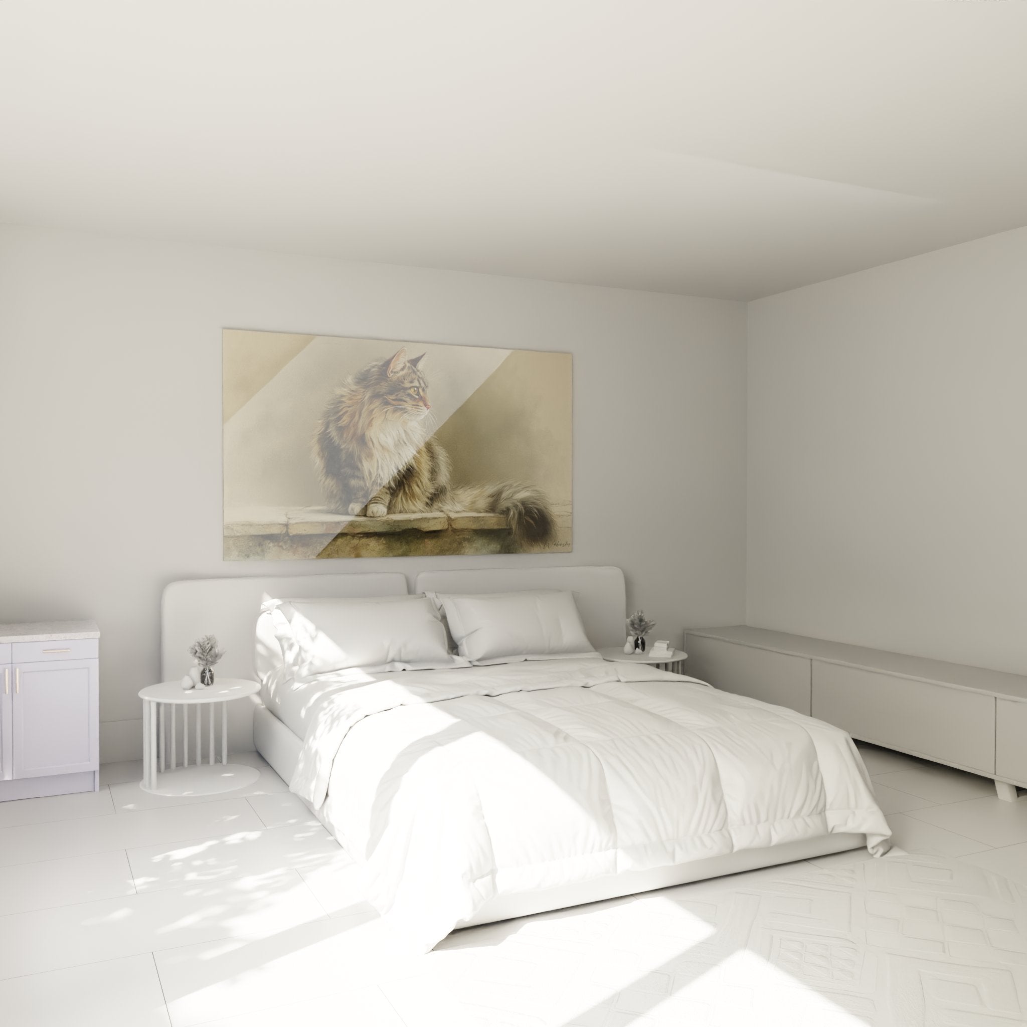 Bedroom decor with majestic Siberian cat artwork, warm and soothing ambiance for modern interior