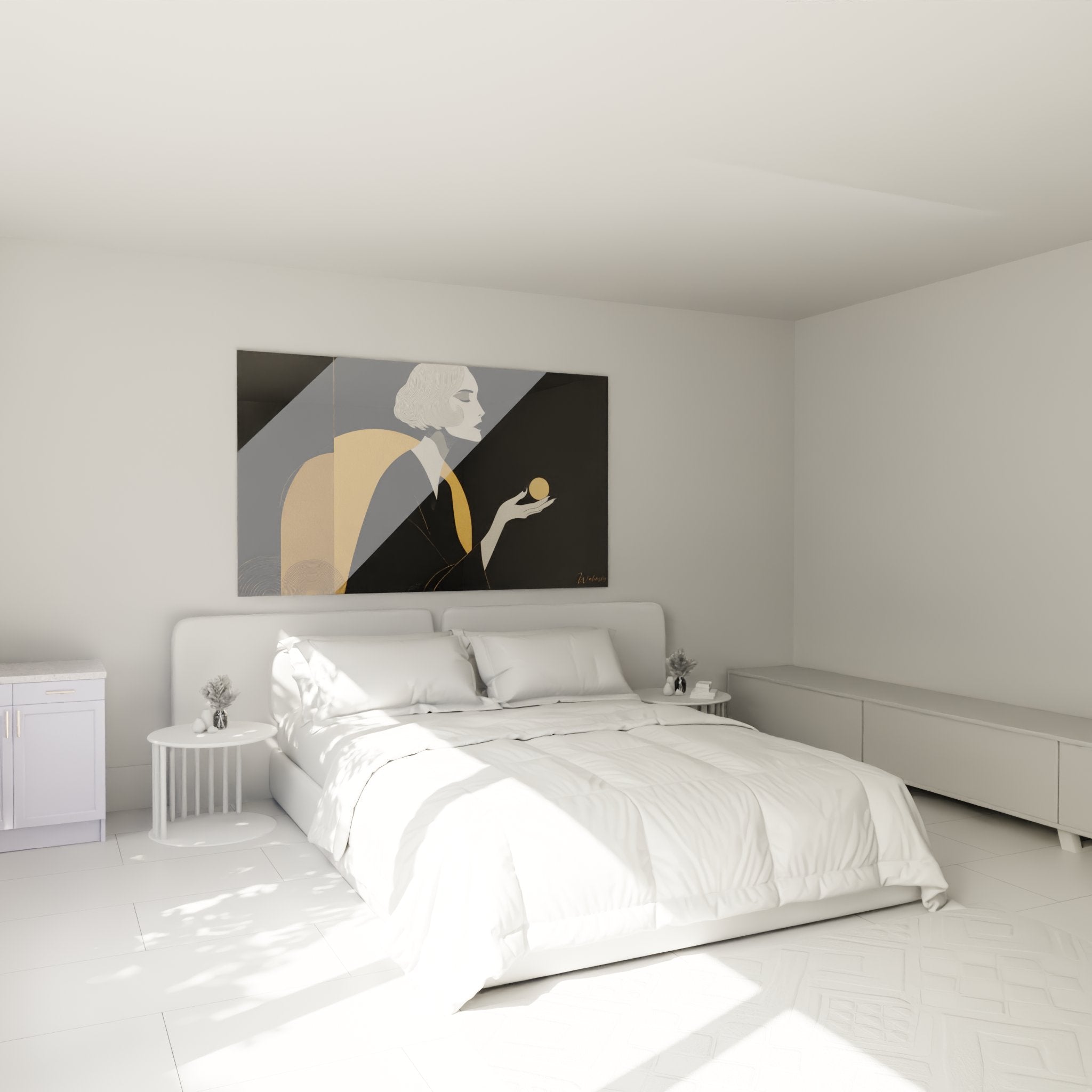 Art deco wall decor bedroom painting sophisticated woman golden globe vintage chic ambiance