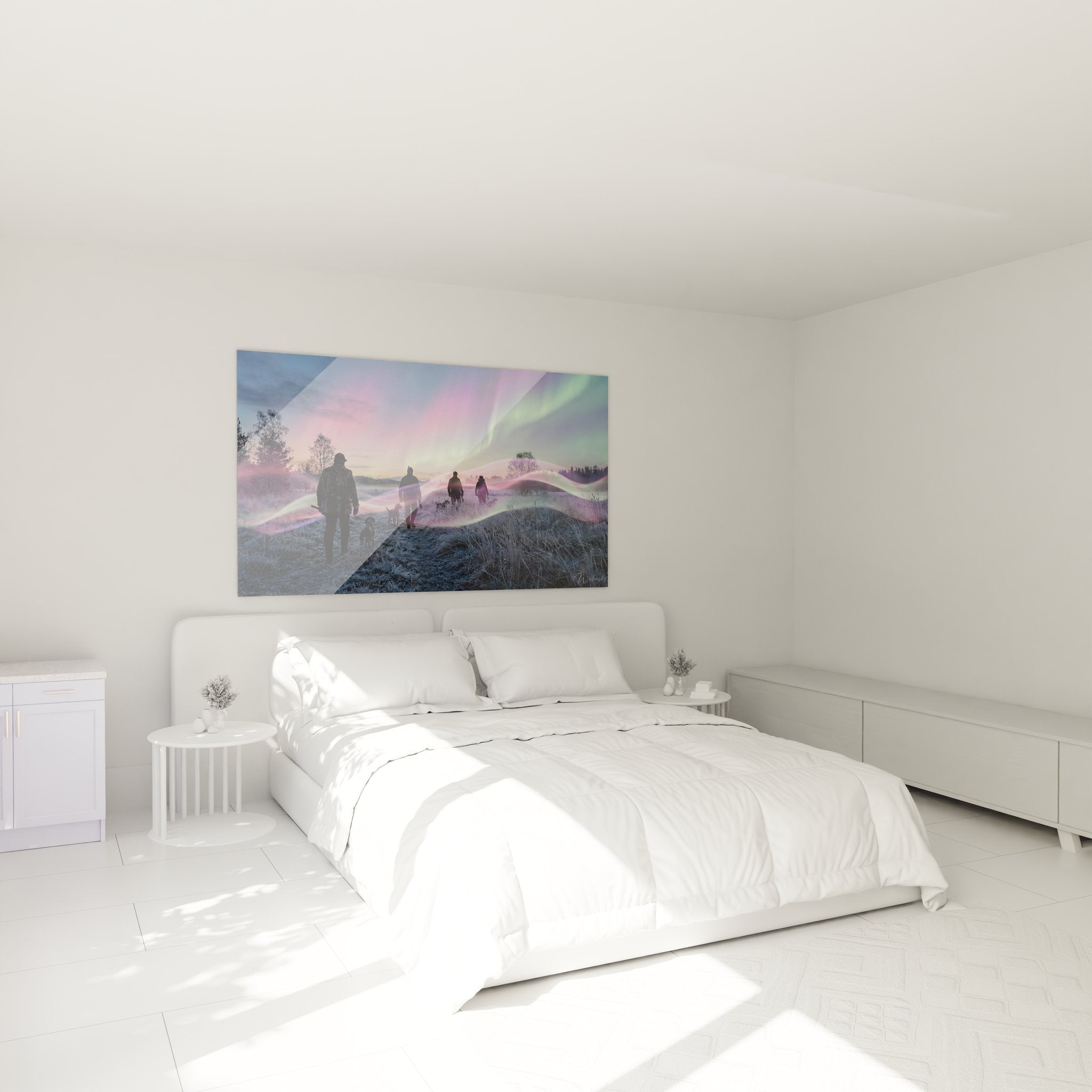 Décoration murale chambre chasseur - tableau aurores boréales et silhouettes chasseurs dans salon moderne