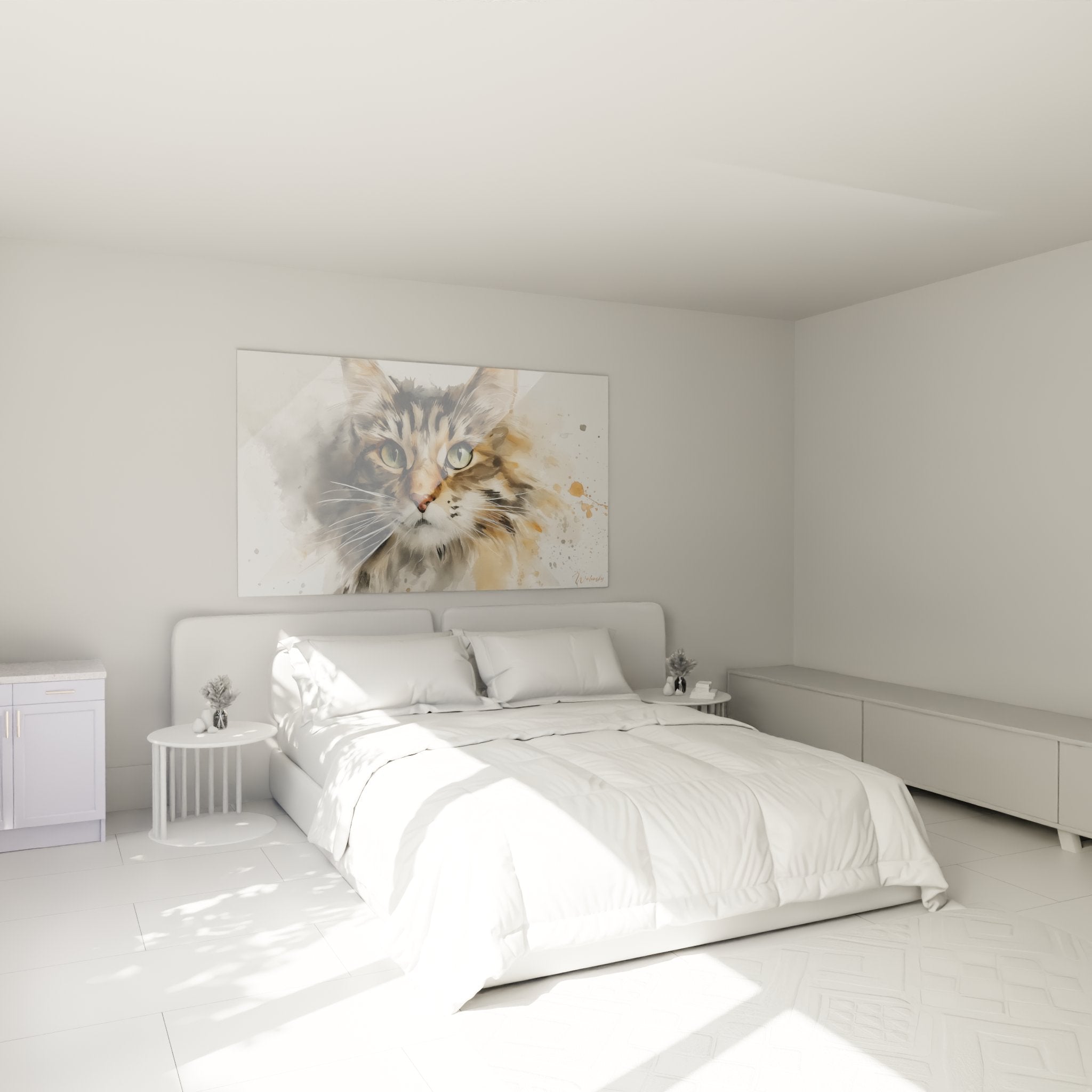 Décoration murale chambre avec tableau chat American Bobtail aquarelle, ambiance cosy et chaleureuse