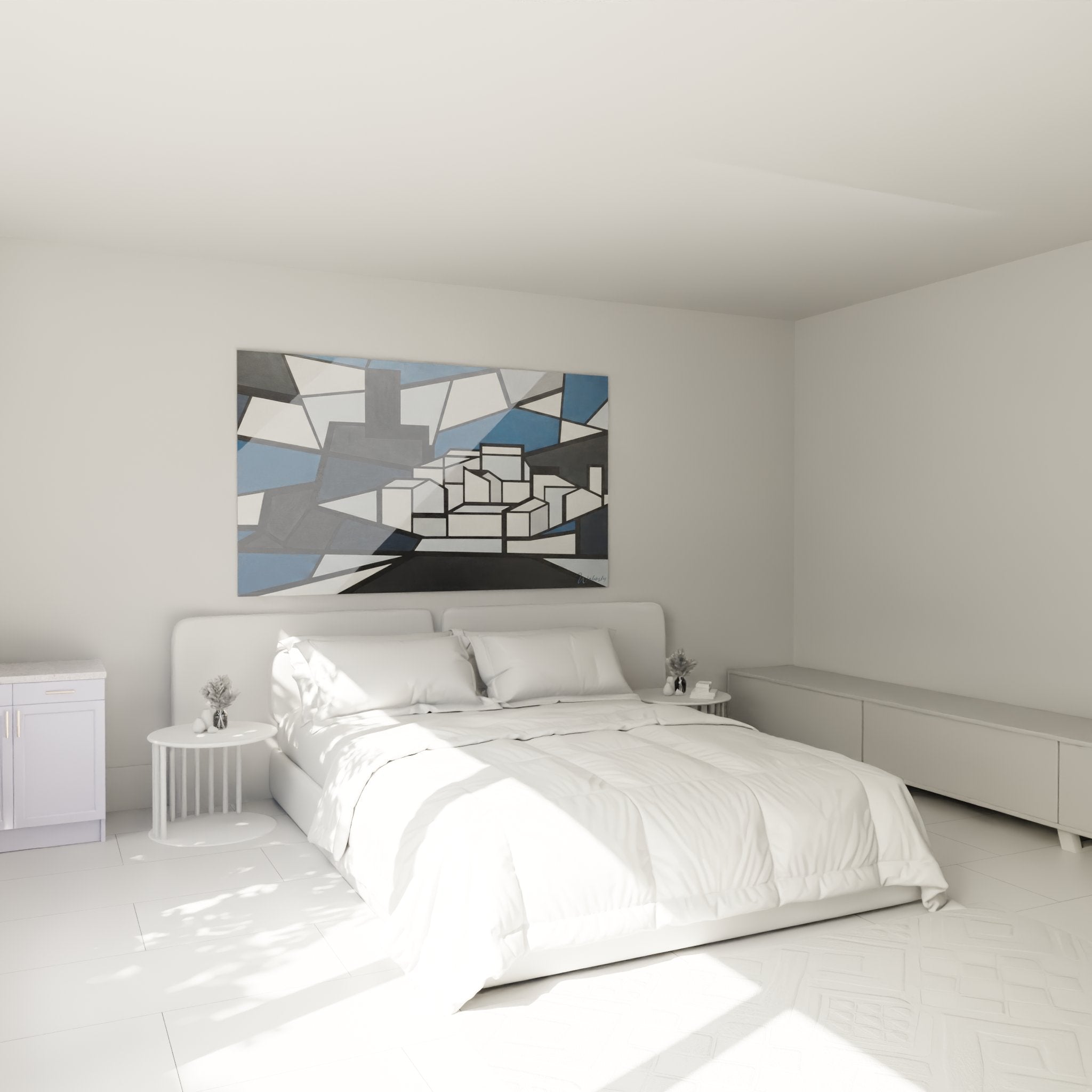 Tableau architecture moderne dans chambre decoration murale cubiste bleu gris ambiance contemporaine design