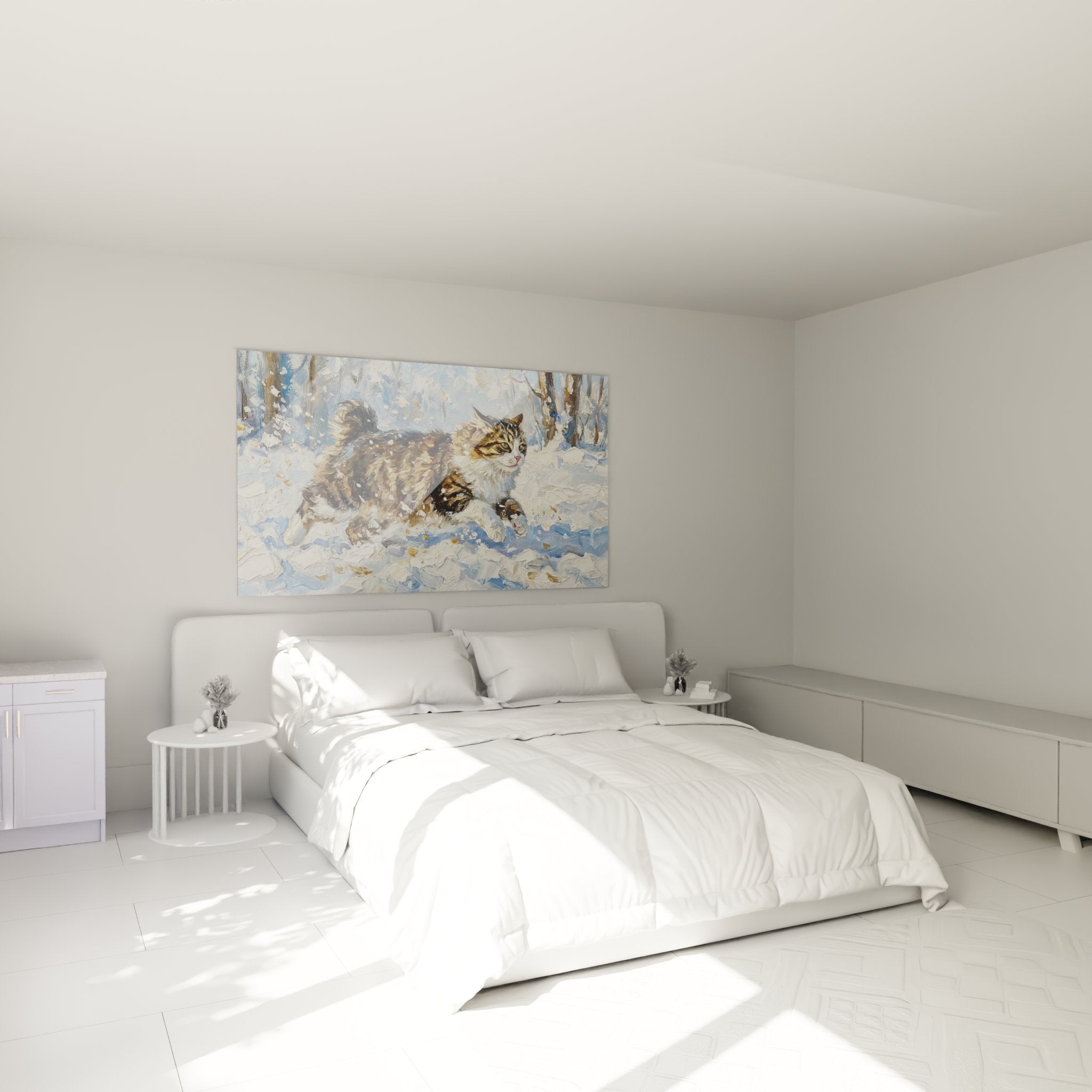 Wall art cat snow painting bedroom, winter feline art impressionist style, cosy atmosphere