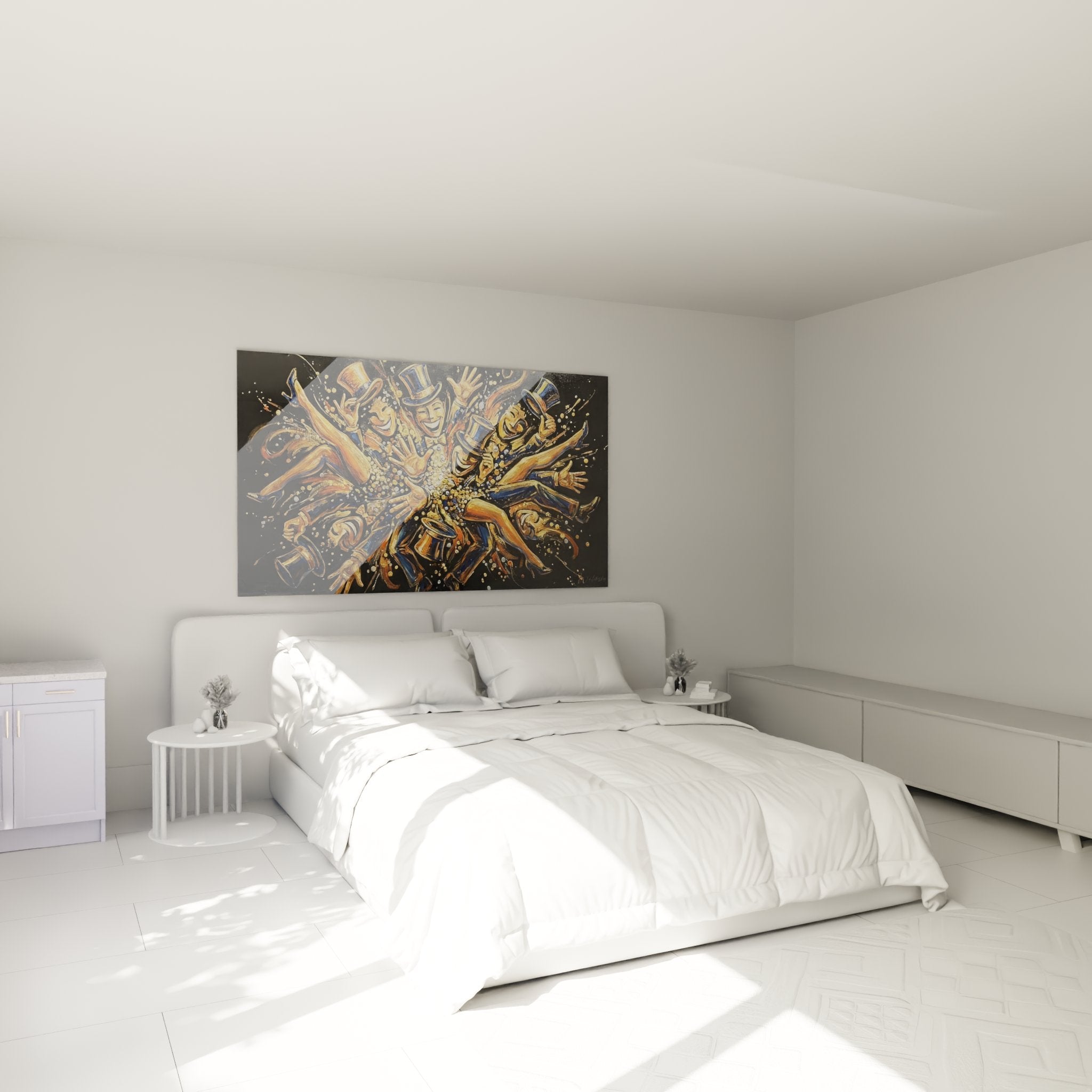 Decorazione murale danza con ballerini gioiosi in cilindro installata sopra un letto moderno
