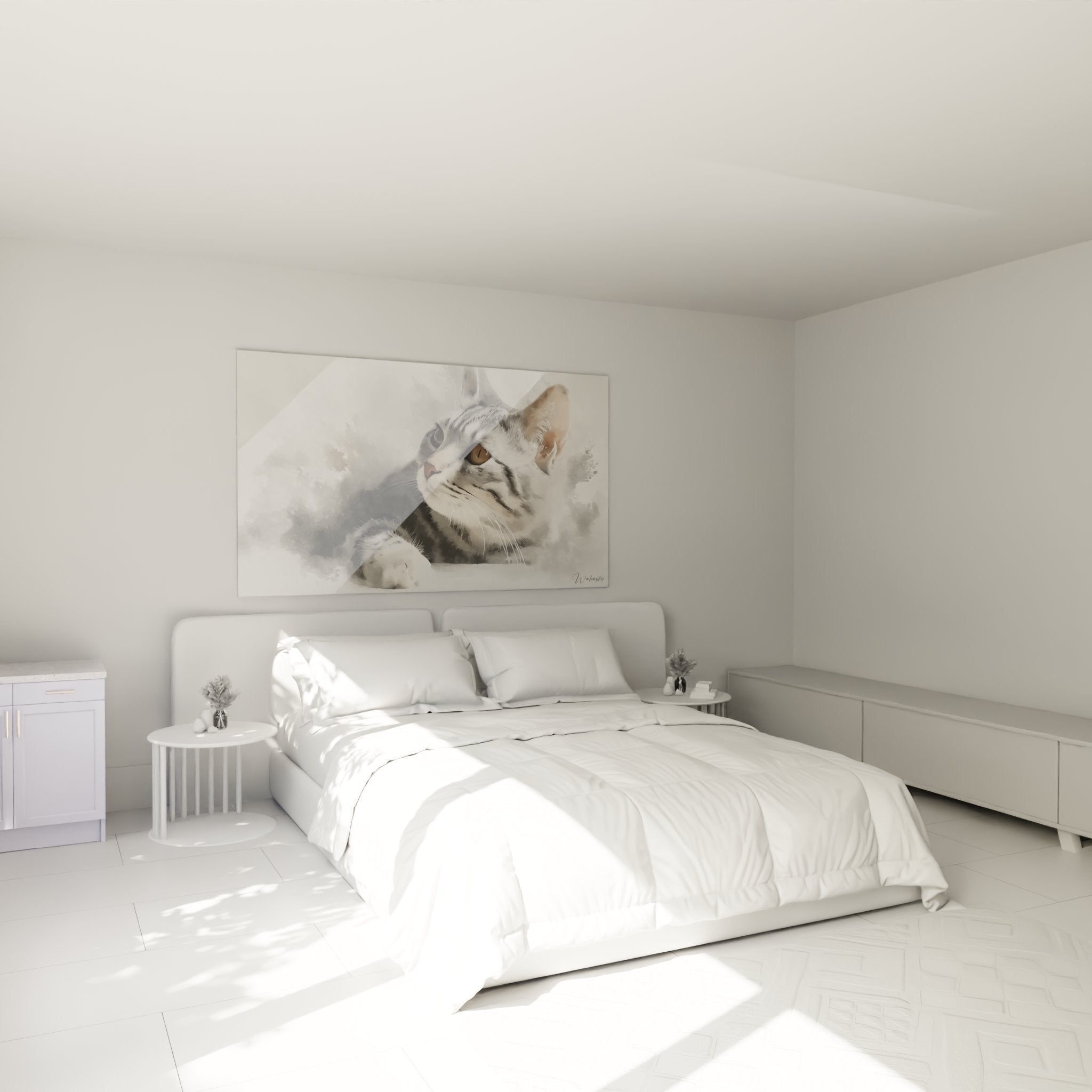 Décoration chambre avec tableau chat American Shorthair aquarelle, ambiance douce et apaisante murale