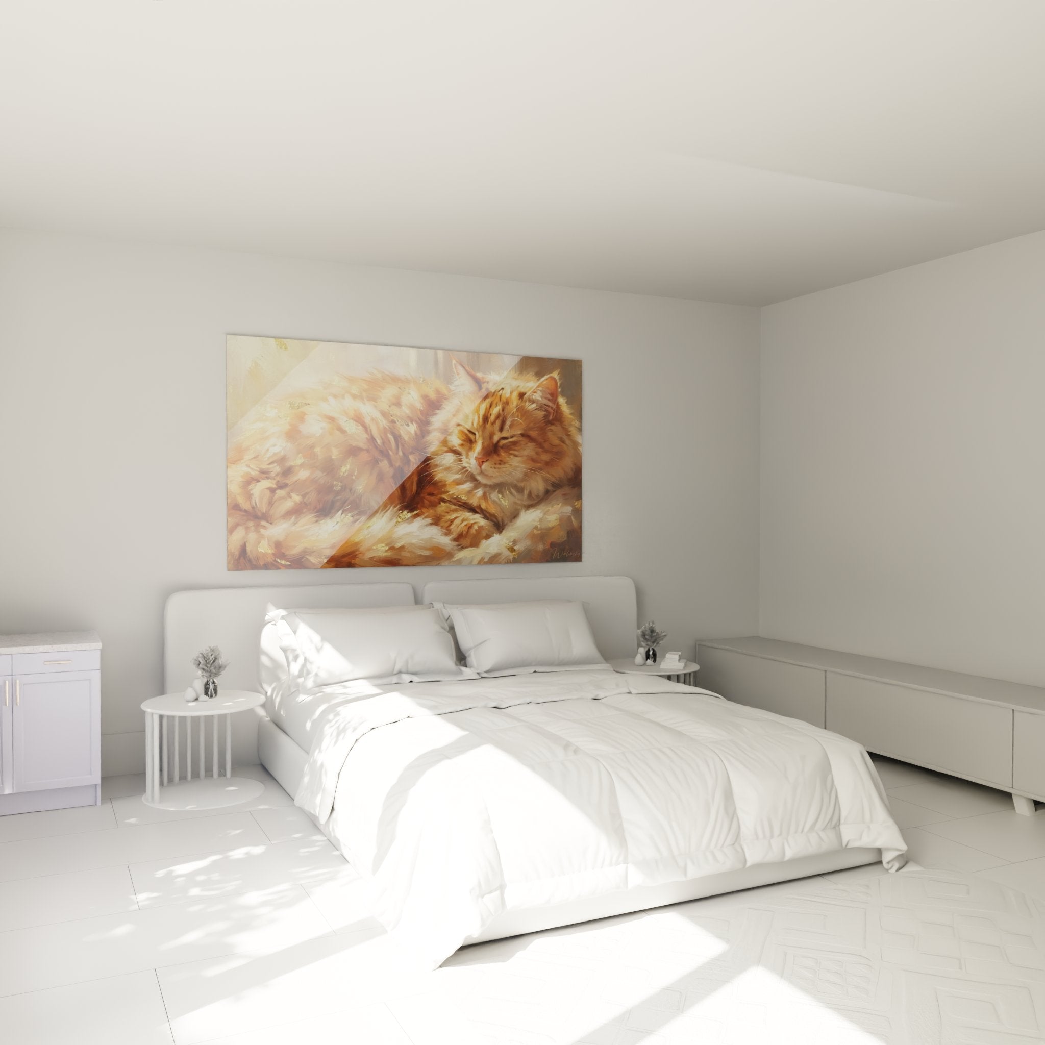 Quadro gatto Ragamuffin dorato installato in camera moderna, decorazione murale rilassante