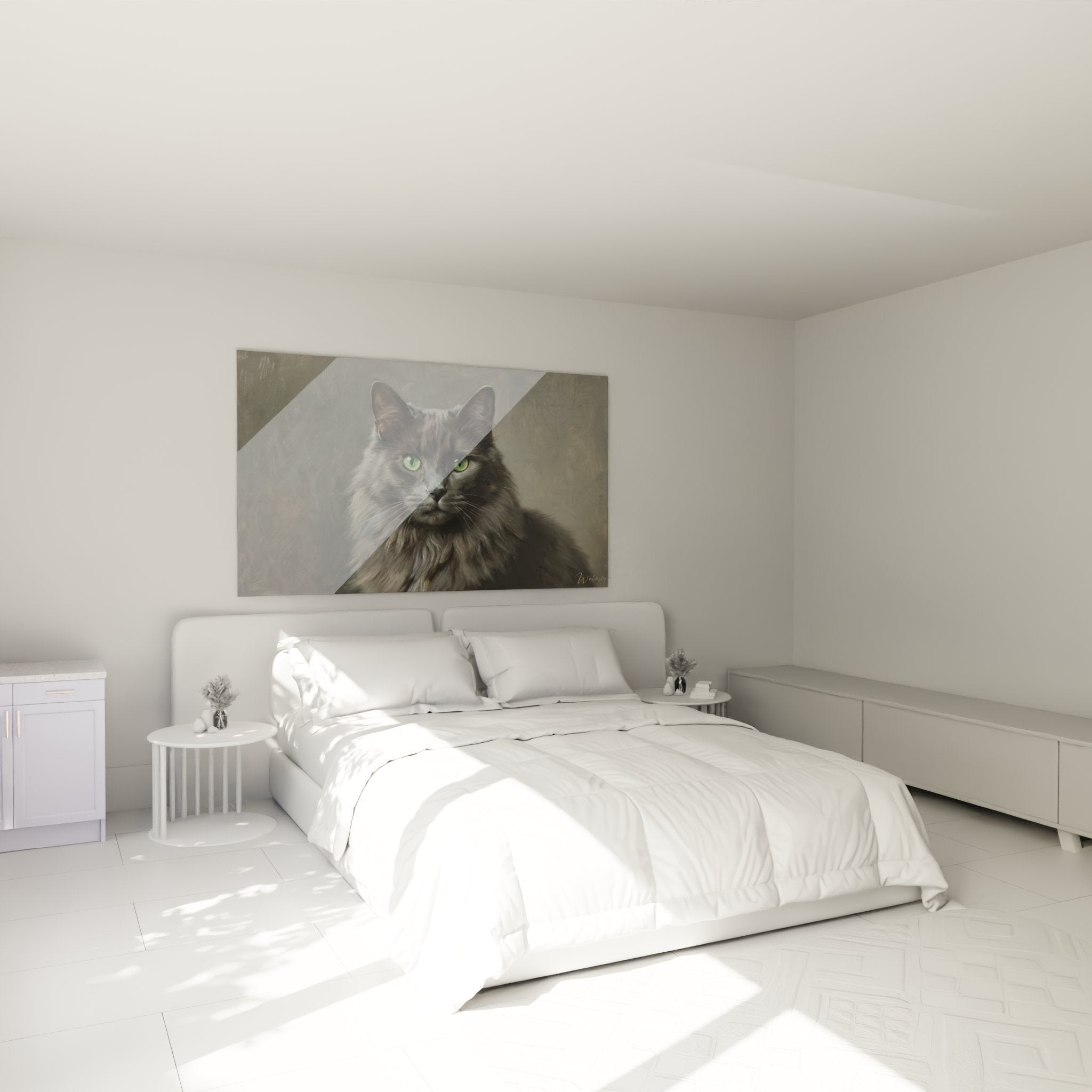 Quadro gatto Nebelung occhi verdi in camera moderna, decorazione murale felina, atmosfera accogliente ed elegante